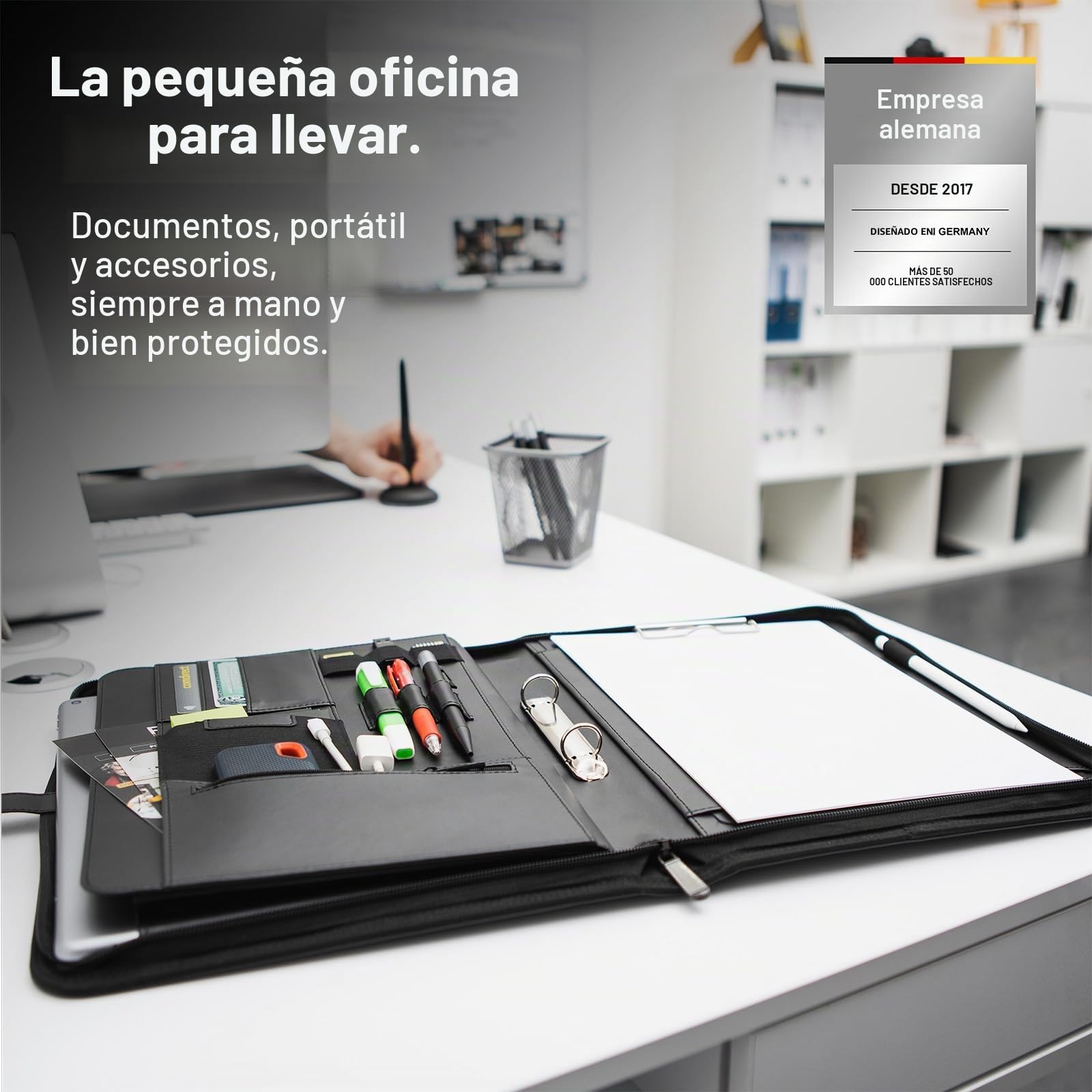 Vebon® Carpeta de anillas A4 "París", cremallera + portapapeles I Carpeta para documentos + bolsa para ordenador portátil I espacio extra I piel sintética, kirschrot