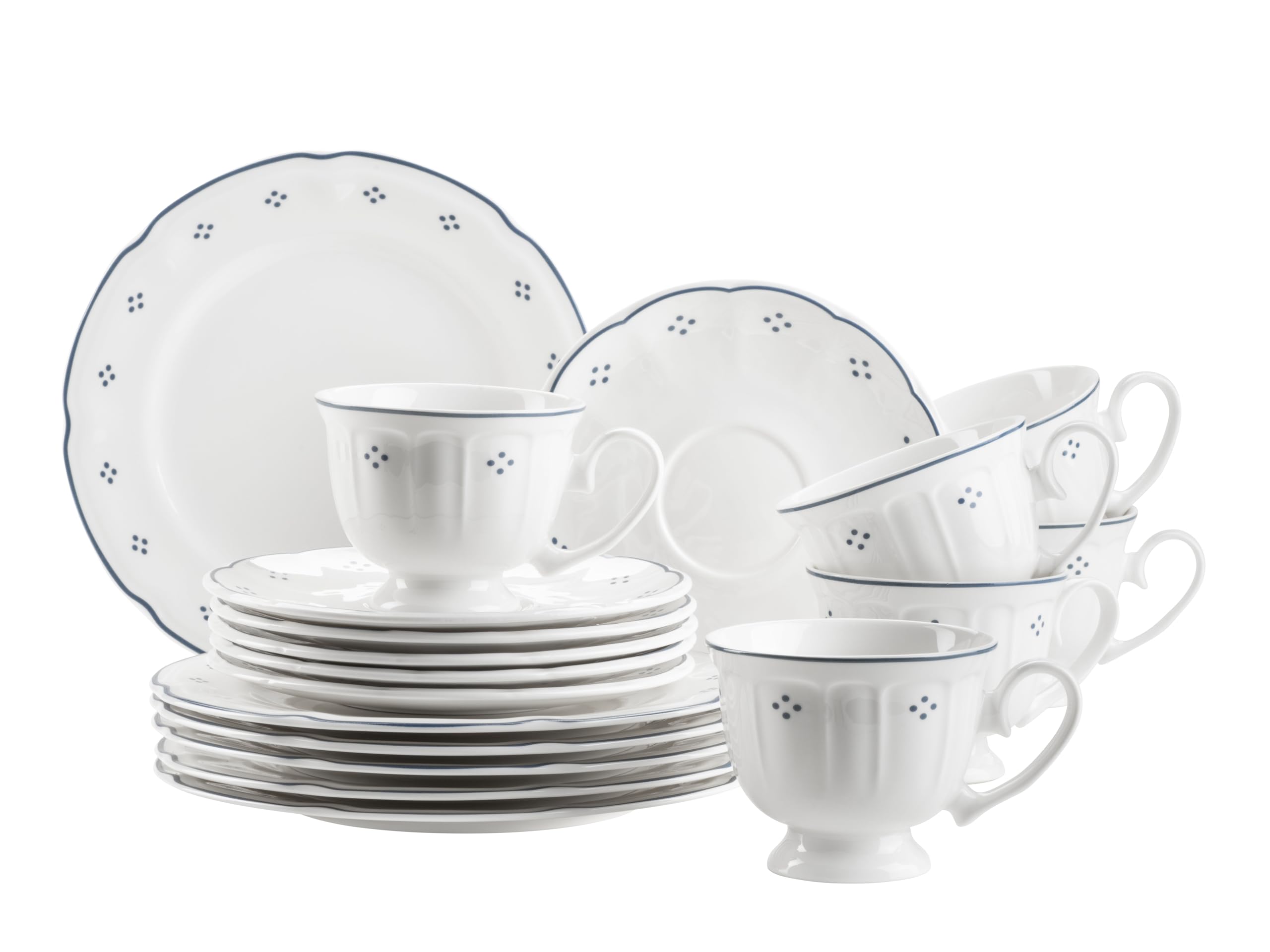 Mäser Serie Lova, Kaffeeservice 18-teilig Porzellan – 6 Dessertteller 19,5 cm, 6 Tassen 19 cl & 6 Untertassen 15,5 cm, Blau