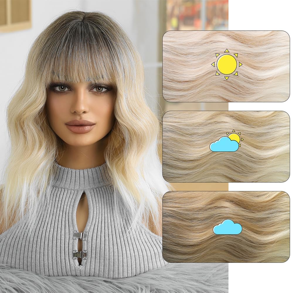 Ombre Blonde Perücken für Frauen Kurz Gewellt Perücke mit Pony Natürliches Synthetisches Haar Hitzebeständig Perücken für Tägliche Party Cosplay Tragen