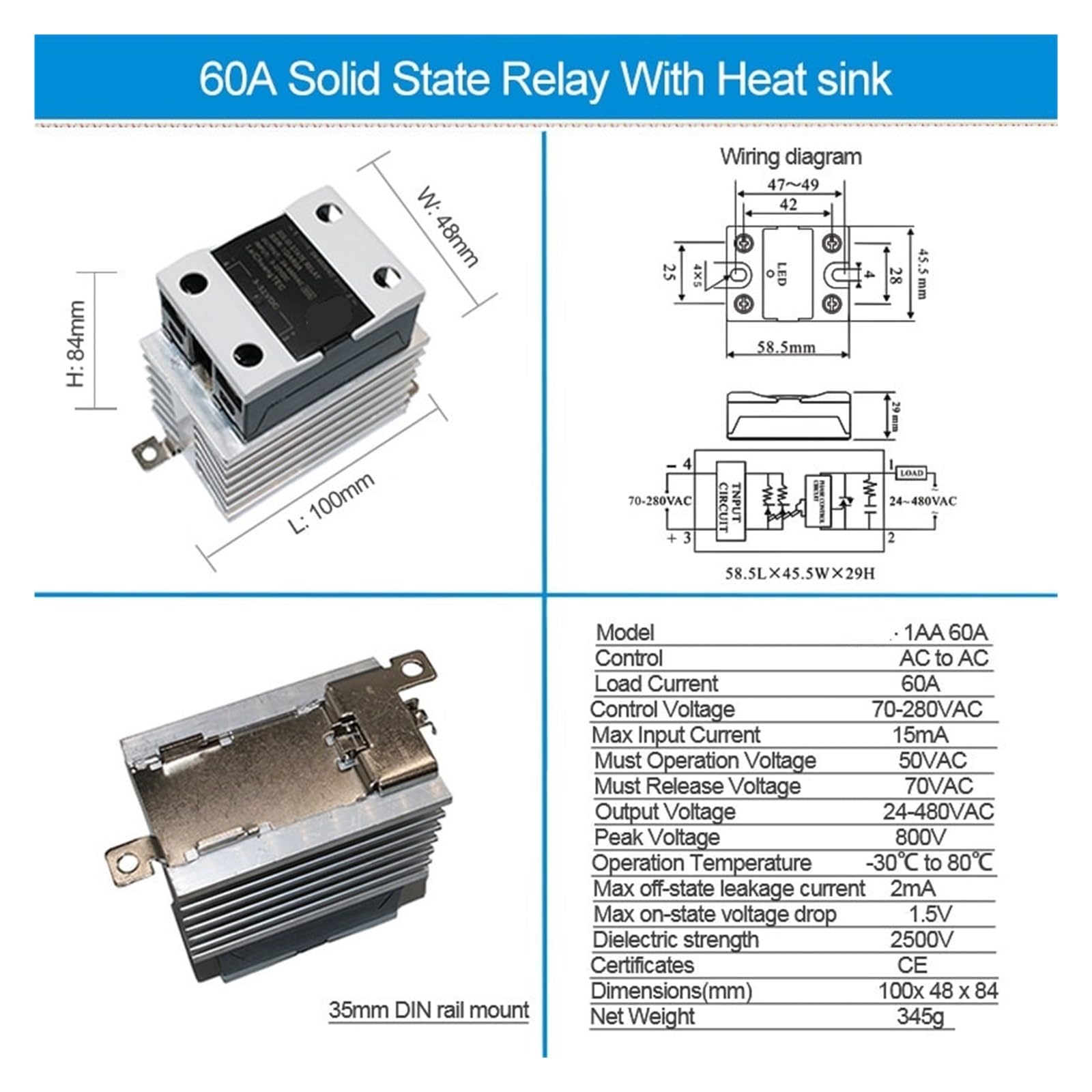 Relé de estado sólido AC a AC 10A 25A 40A 60A 80A 100A 120A SSR con disipador de calor, relé industrial de montaje en Riel DIN (Size : AC-AC 80A)