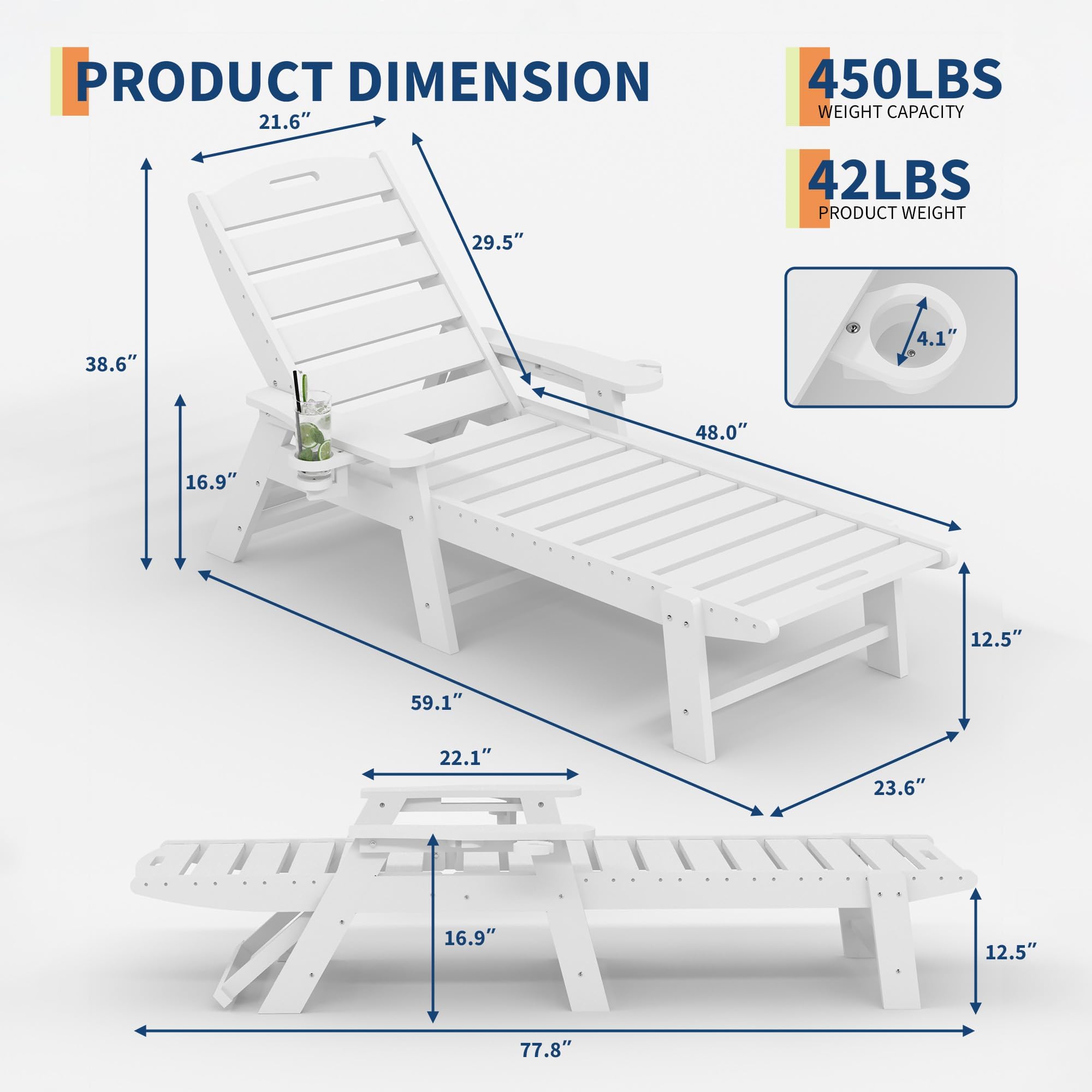 Extra Große Sonnenliege für Outdoor, Klappbare Gartenliege aus HDPE, 5-Fach Verstellbar, Chaise Lounge Liegestuhl für Pool, Terrasse, Strand und Camping, Weiß