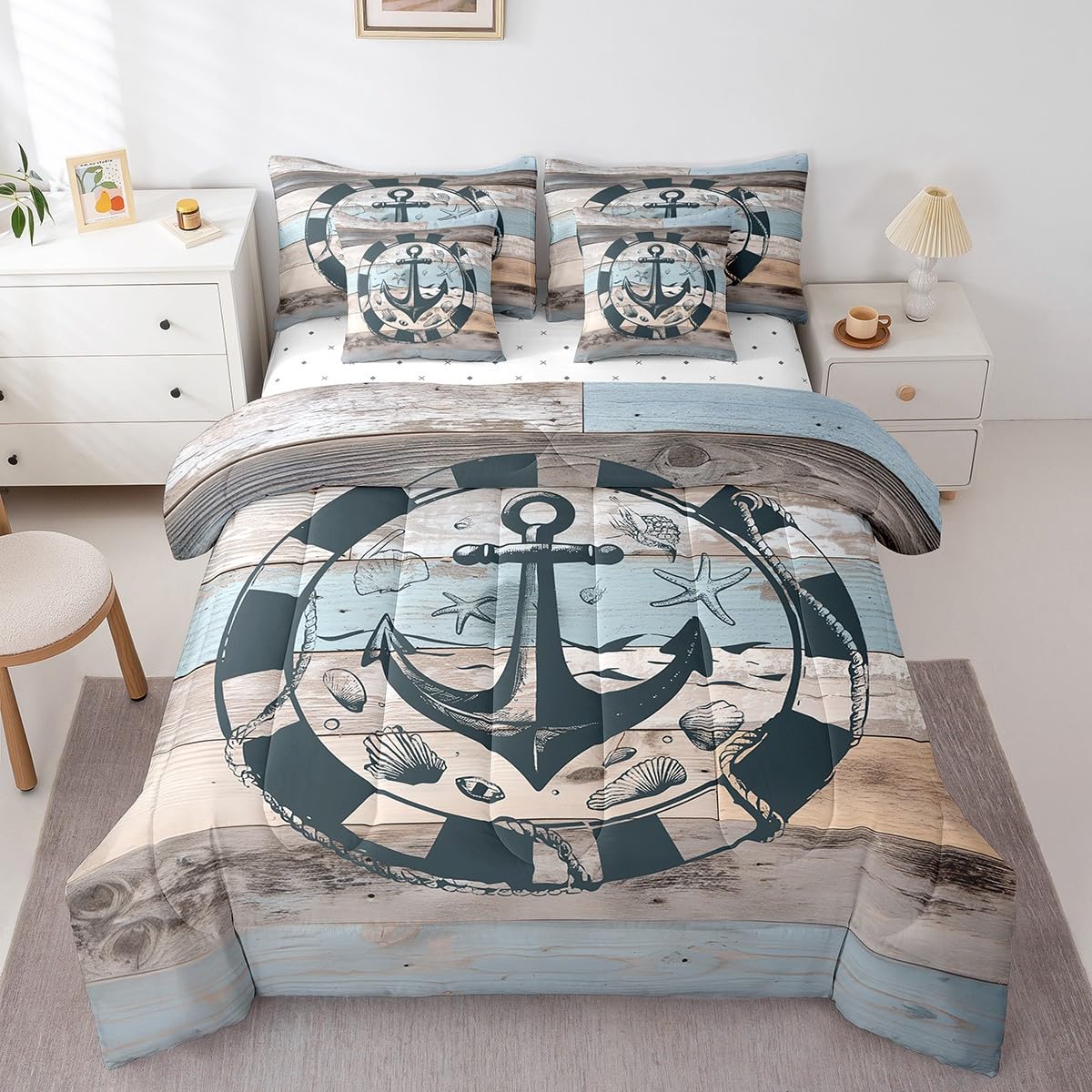 Erosebridal Nautical Bed in A Bag Queen,Vintage Anchor Comforter Set for Kids Boys Girls,Grunge Wooden Barn Bedding Sets,Coastal Ocean Creature Quilt