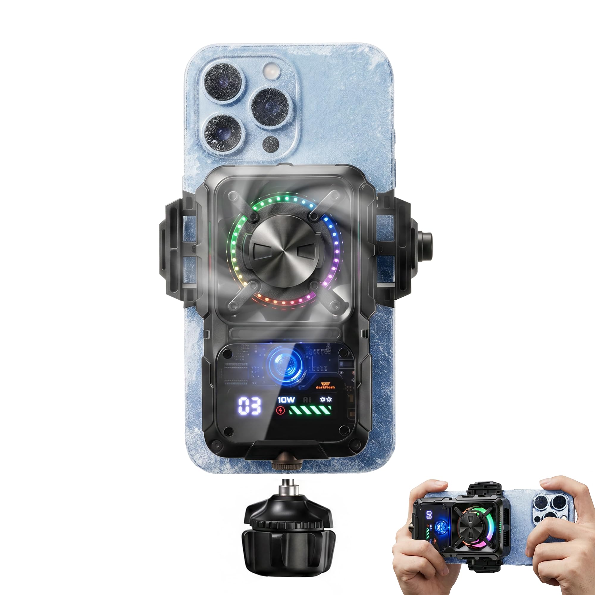 darkFlash Raffreddamento per smartphone da gioco, 2000 mAh, raffreddamento rapido ricaricabile con luce RGB, temperatura e visualizzazione batteria, design universale a clip a scatto, con supporto