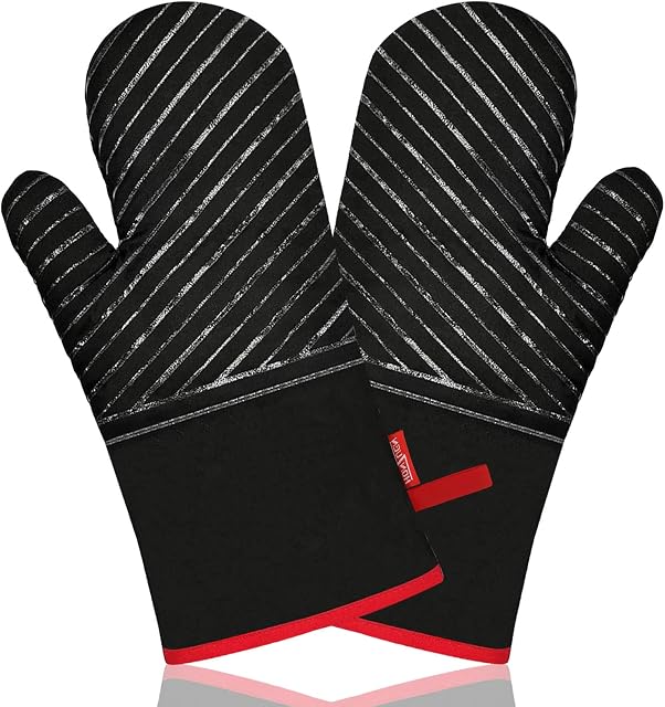 HONZUEN Oven Gloves Heat Resistant, Thicken Long Kitchen Microwave Oven Mitts with Non-Slip Silicone and Soft Cotton Lining, Gloves Mitts for Grilling Cooking Baking Barbecue, 1 Pair, Black