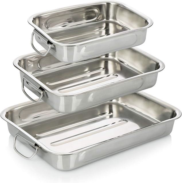 COM-FOUR® 3-Piece Roasting and Baking tin Set - Stainless Steel Roaster with Handles - Stainless Steel Casserole Dish for Cooking and Baking - Oven Dish (Silver Coloured - 3 Parts)