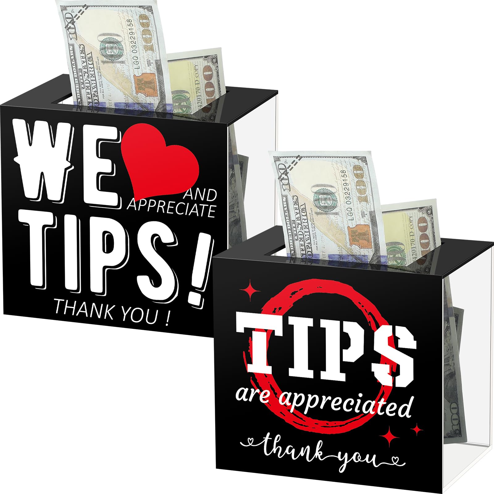 Yousoontic 2 Pcs Tip Jar Acrylic for Bartender Bars 6 x 4 x 5 Inch Tip Collection Box Donation Suggestion Box Money Storage Container for Restaurants