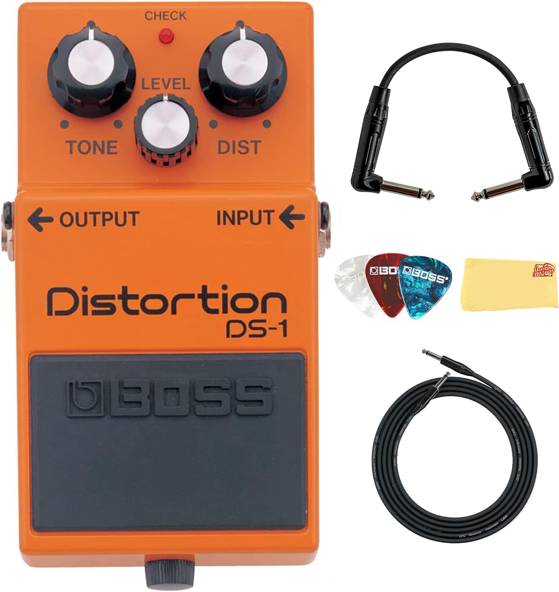 Boss DS-1 Distortion Bundle with Gearlux Instrument Cable, Patch Cable, Picks, and Austin Bazaar Polishing Cloth