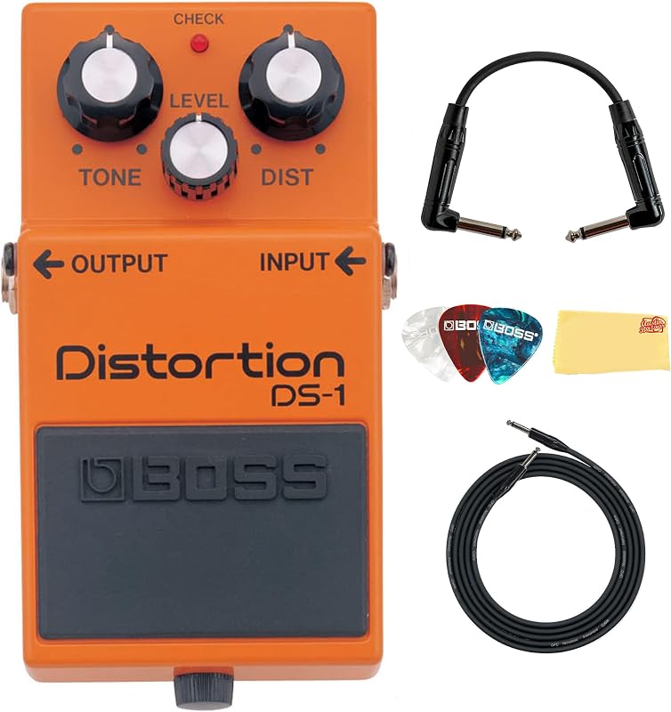 Boss DS-1 Distortion Bundle with Gearlux Instrument Cable, Patch Cable, Picks, and Austin Bazaar Polishing Cloth