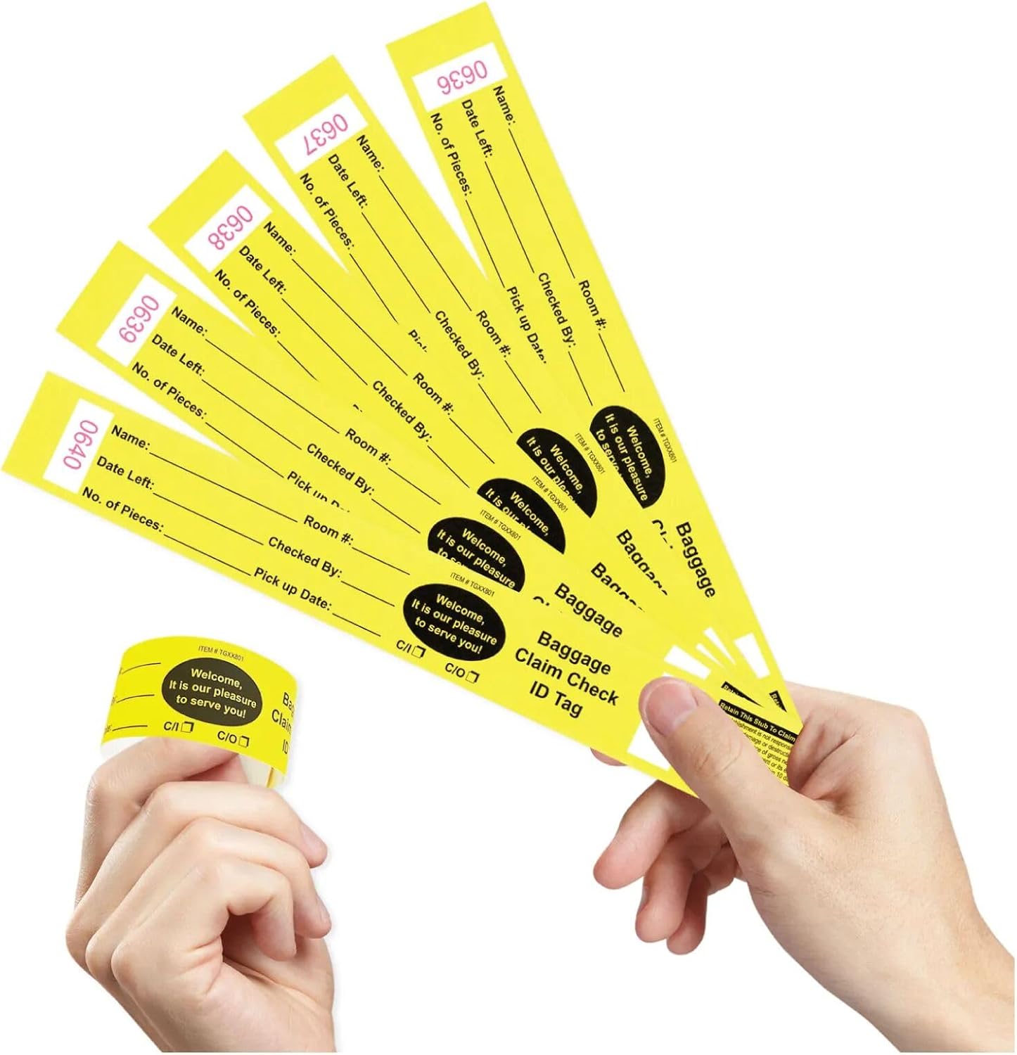 1000 Baggage Claim Check Tags Made from Yellow Card Stock, with Transfer Tape on Back, Printed in Black with Red Consecutive Numbering. Bag Identification Tag Size: 10 1/2" x 1 1/4"