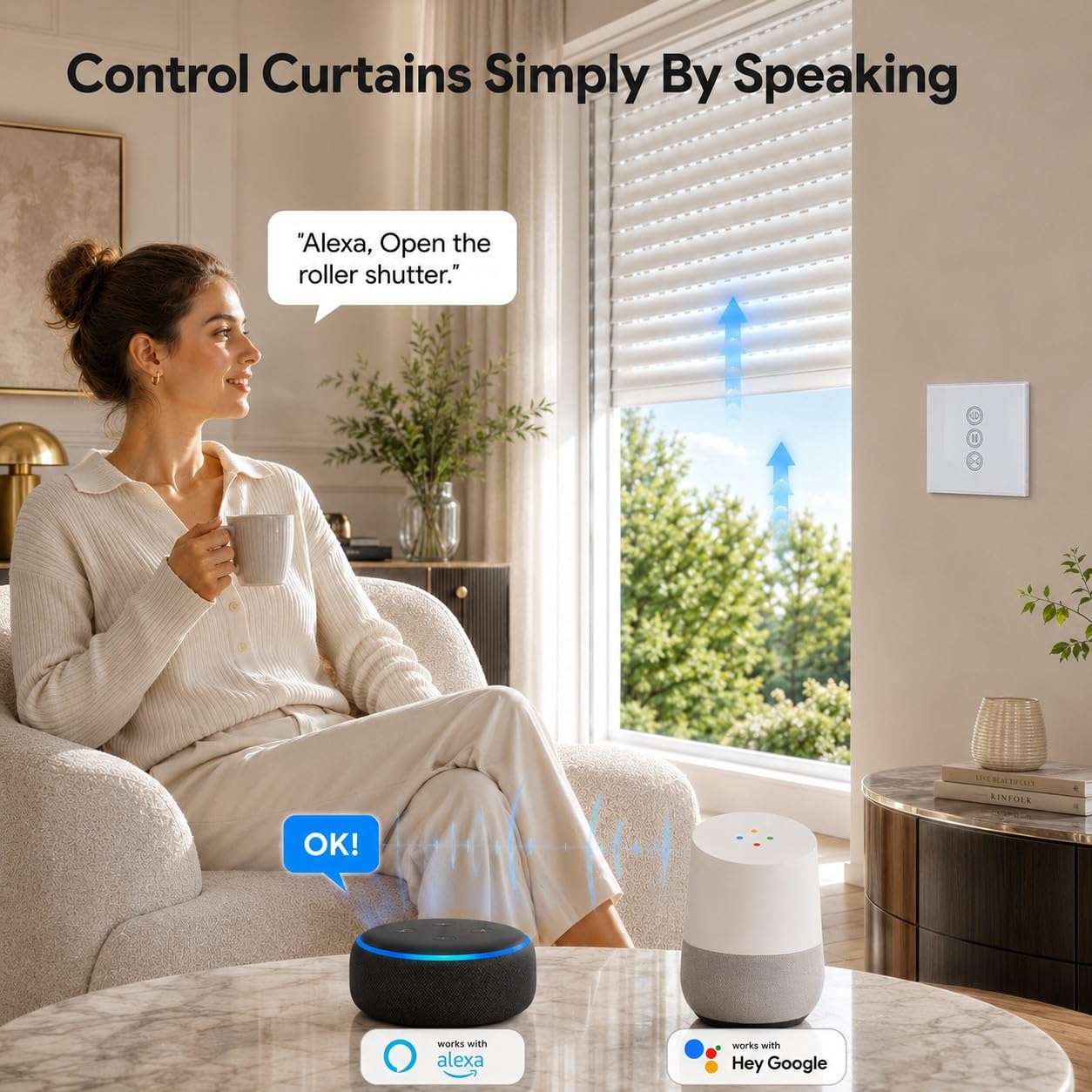 LoraTap 4 x Interruttore Tapparelle Collegato, Apertura Regolabile, Interruttore Tenda Tende WiFi, Compatibile con Alexa Google Home per Controllo Vocale, Timer Intelligente Motore a Parete