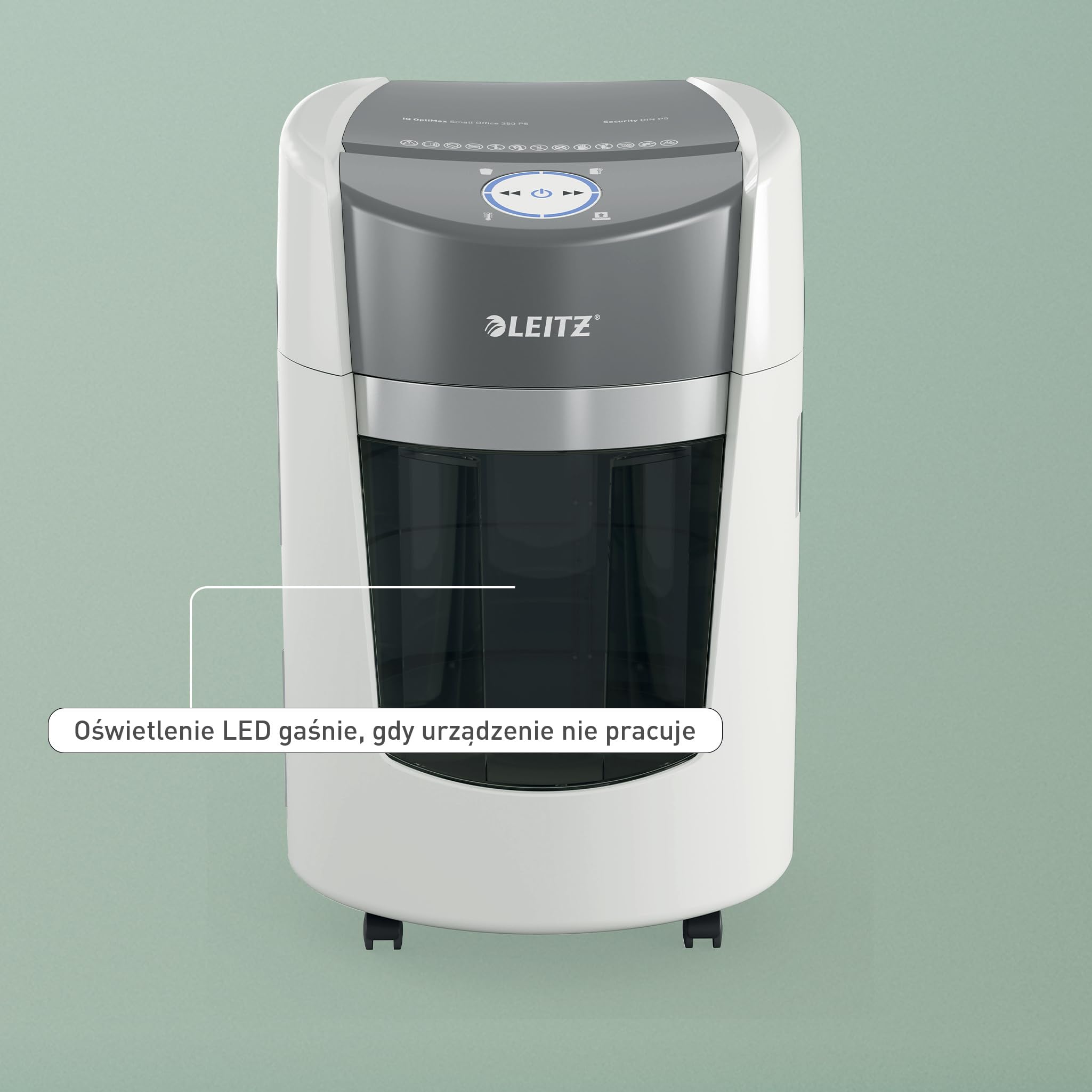 Leitz IQ OptiMax Small Office 350 Niszczarka P5 Mikrocięcie, Pojemnik Rotacyjny zwiększający pojemność o 33% (22L), mieści do 350 kartek A4, Niszczy 8–10 kartek 70–80 gsm, Czas pracy do 20 min