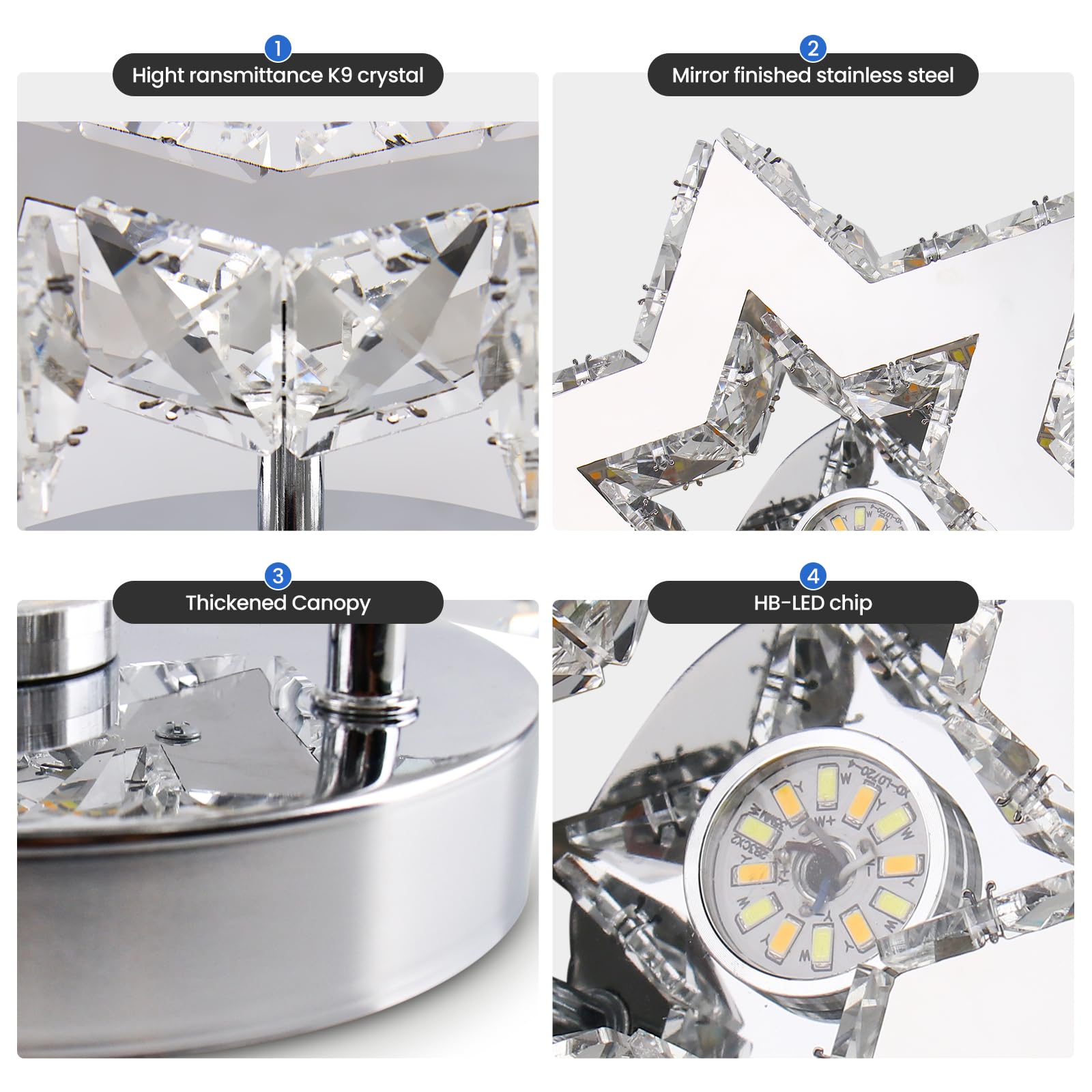 Moderne LED Kristall Kronleuchter Edelstahl Mini Deckenleuchte Stern Flush Mount Deckenleuchte für Schlafzimmer Esszimmer Flur Insel (kühles Weiß)
