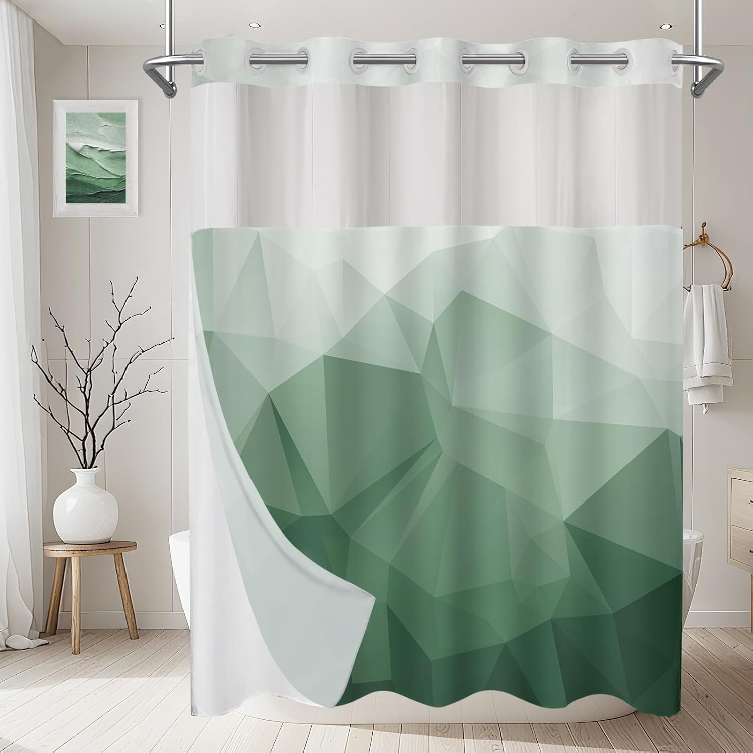 No Hook Shower Curtain with Snap in Liner and Sheer Window, Green Modern Geometric Fabric Shower Curtain Set for Bathroom Decor, 15-Second Quick Install, Abstract Irregular Ombre, 71"X74"