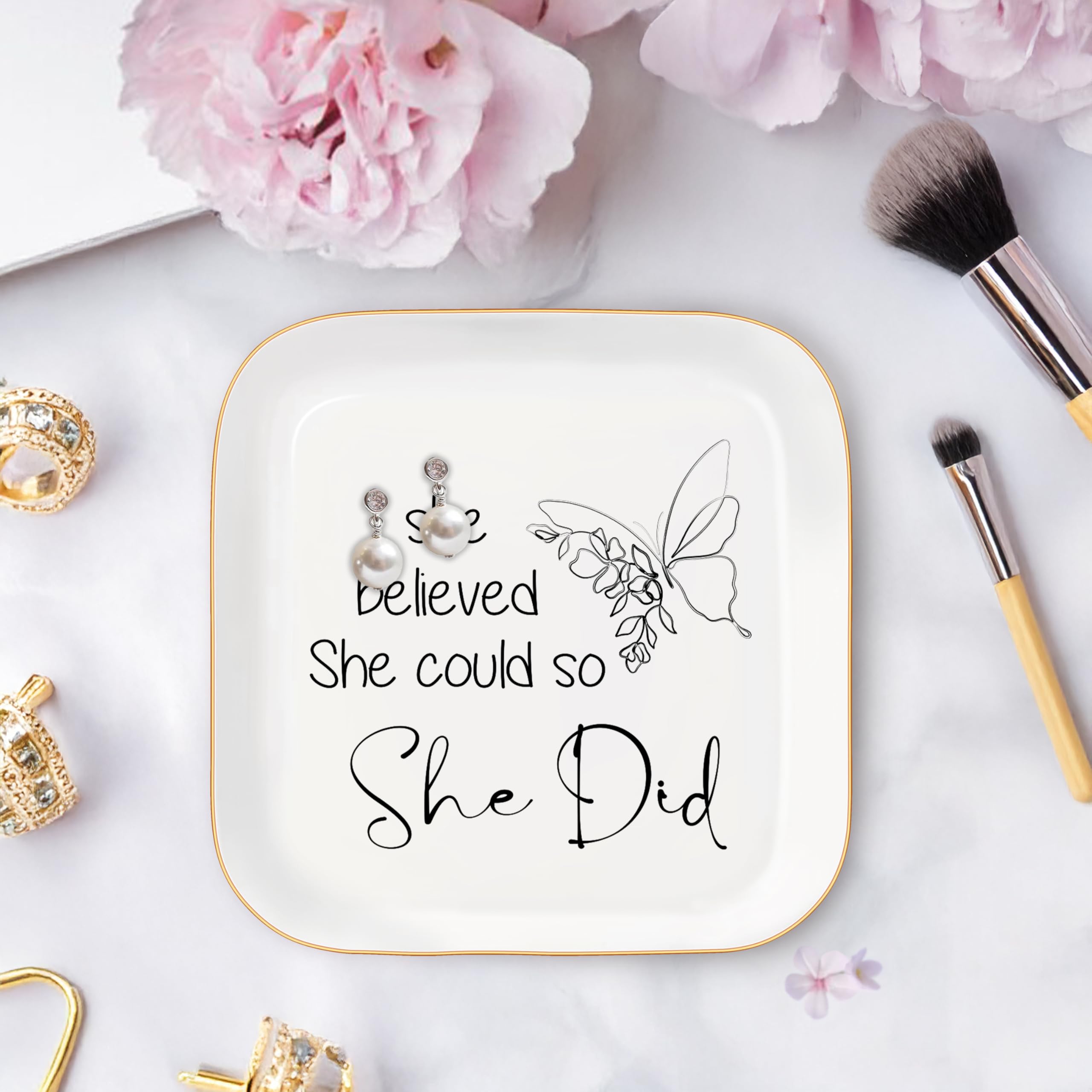 Congratulations Gifts for Women, College Graduation Gifts for Her New Job Gifts - She Believed She Could Jewelry Tray Ceramic Trinket Dish Inspirational Promotion Gift for Coworker