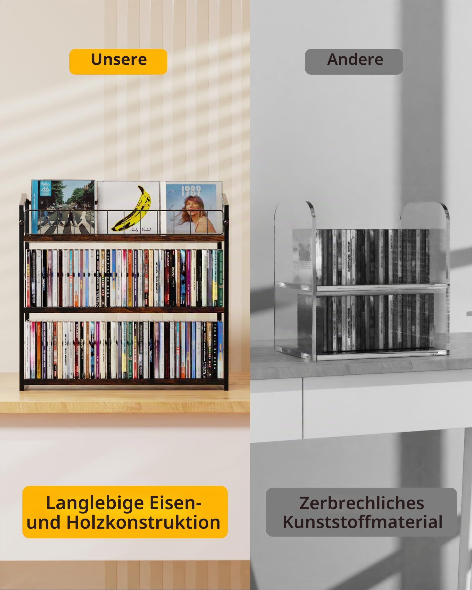 TJ.MOREE Schallplattenhalter mit 3 Ebenen, industrieller Retro-Stil, Karbonstahl/Holz, platzsparender Schreibtisch-Organizer