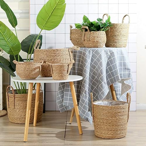 Miniatura 3 de Zerodeko Cesta de hierba marina, cesta de paja, cesta tejida, maceta de mimbre con forro de plástico para plantas de interior, lavandería, 6.3 in,