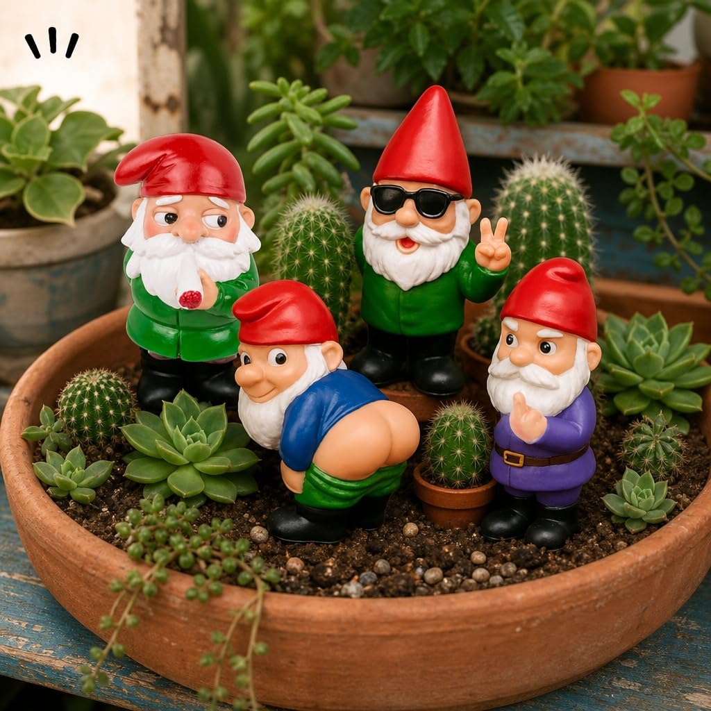 MIJOMA Zestaw bezczelnych krasnali ogrodowych – 4 mini krasnale z żywicy polimerowej ok. 4,5 x 7 cm – zabawne figurki dekoracyjne na biurko do roślin pokojowych, łazienki, na balkon, do biura