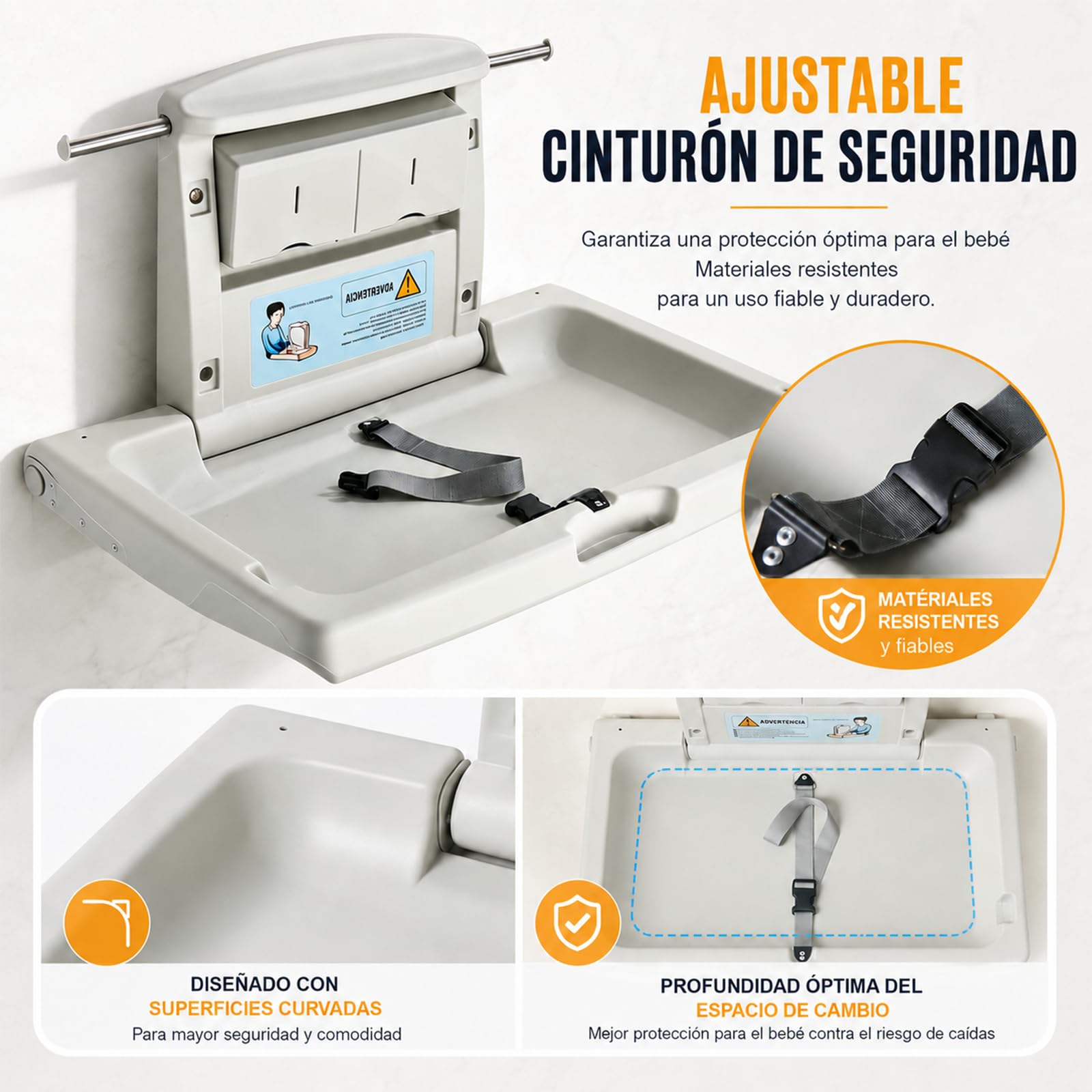 Cambiador bebe plegable de pared, cambiador de bebe para baños públicos con cinturón de seguridad ajustable, ganchos laterales y cajas de almacenamiento plegables