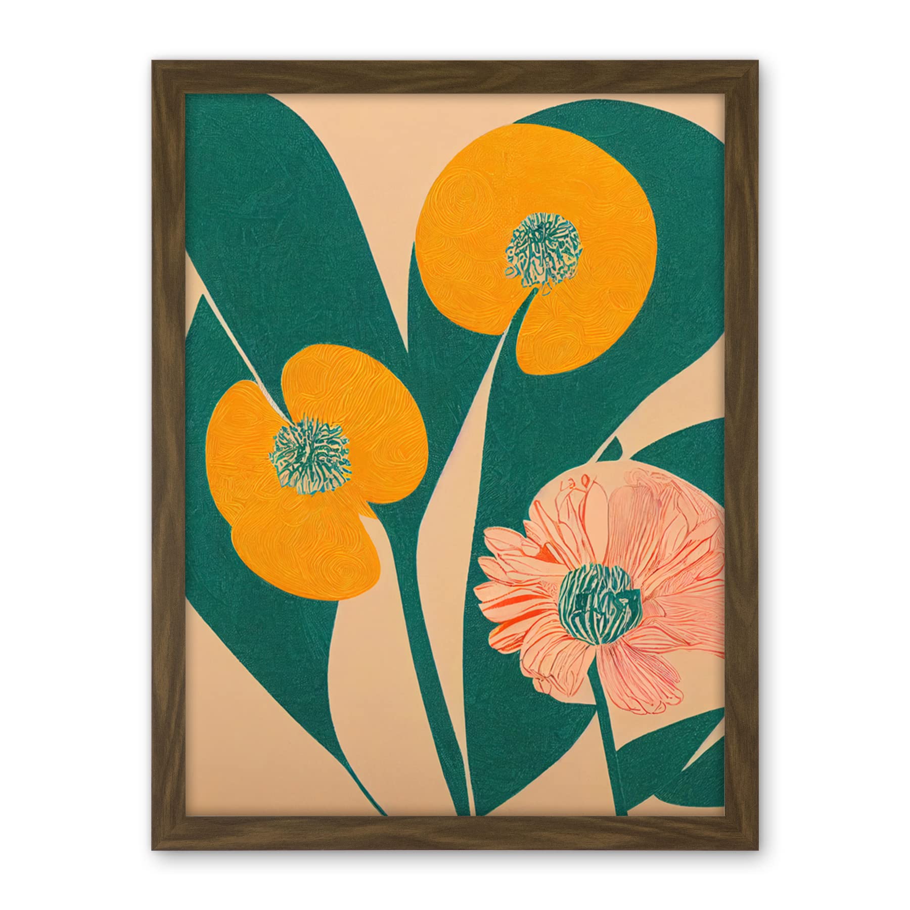 Wee Blue Coo California Poppy Flower Blooms Turquoise Leaves Bright Artwork Framed Wall Art Print 18X24 Inch