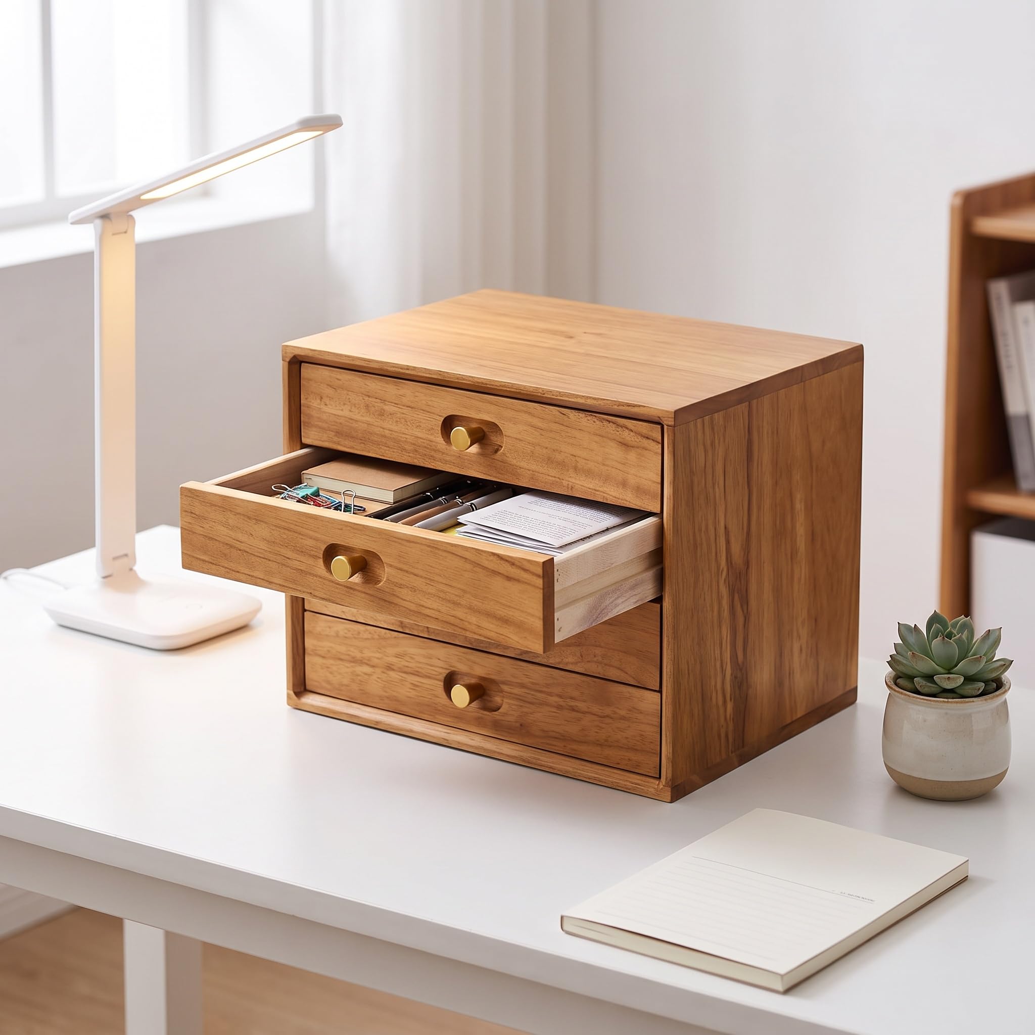 Scatola Portaoggetti da Scrivania in Legno Massello di Noce Chiaro, Schedario A più Livelli per Lorganizzazione di Ufficio E Casa, Elegante, di Medie Dimensioni Natural Large