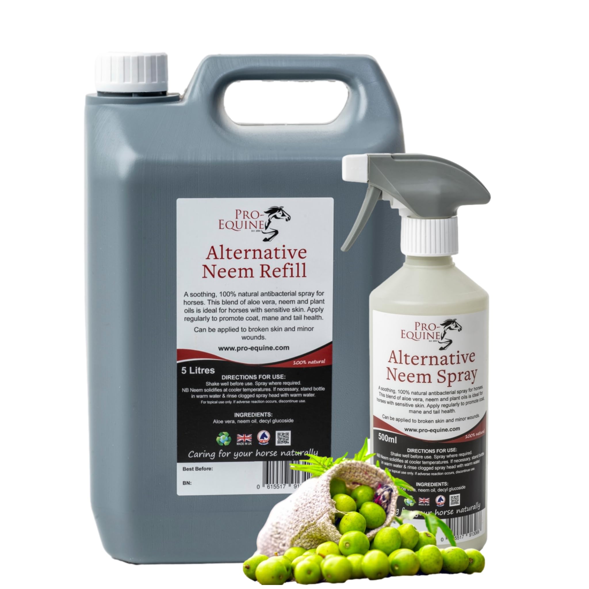 Pro-Equine Alternative Neem Horse Spray and Refill Set includes a 5 Litre Refill with 500ml trigger Spray Bottle. Natural skincare for your horse.