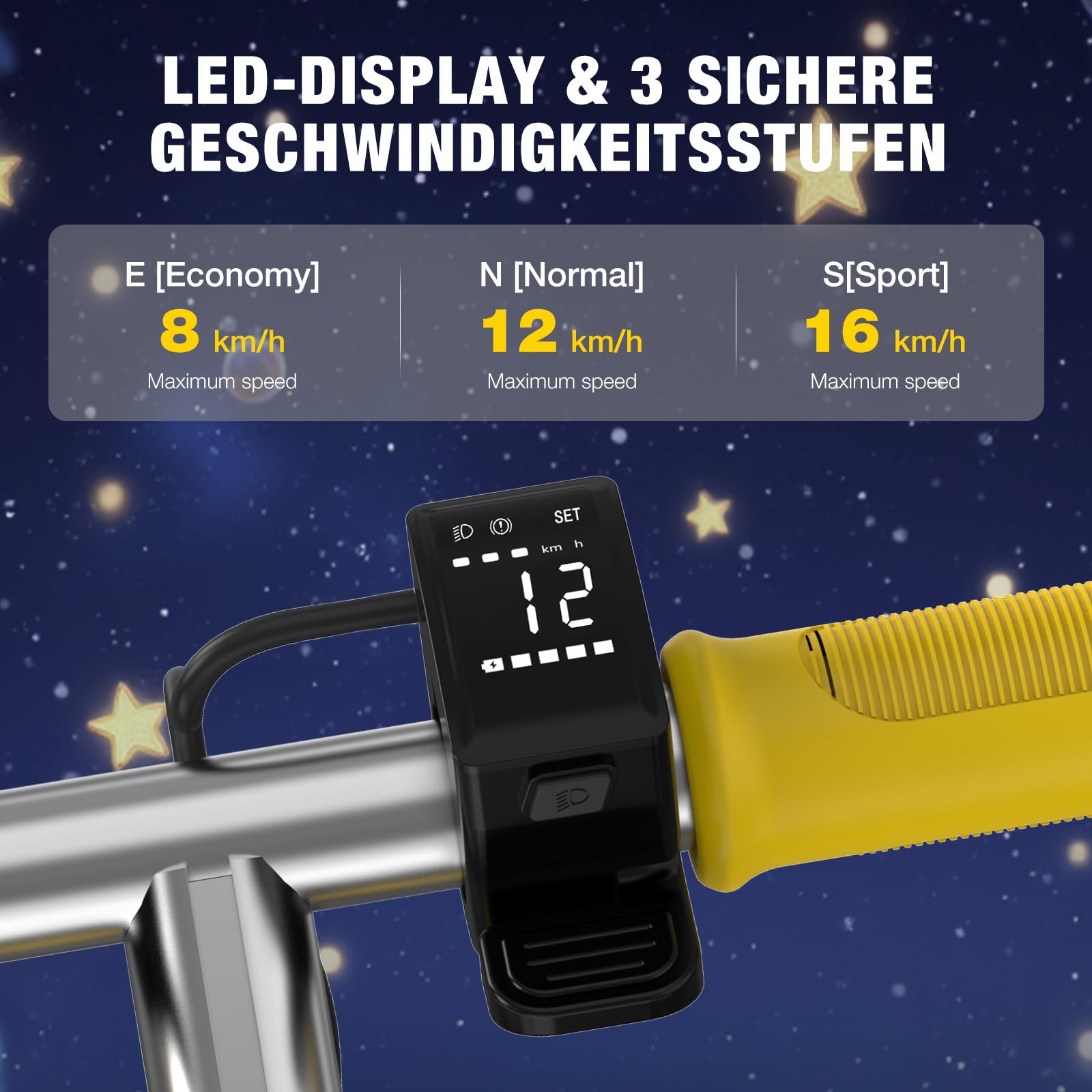MEGA MOTION Patinete eléctrico para niños, 3 Modos de Velocidad, Motor de 150 W, Velocidad máxima de 16 km/h, Plegable, Manillar Ajustable, Ruedas de 15 cm y luz Lateral LED