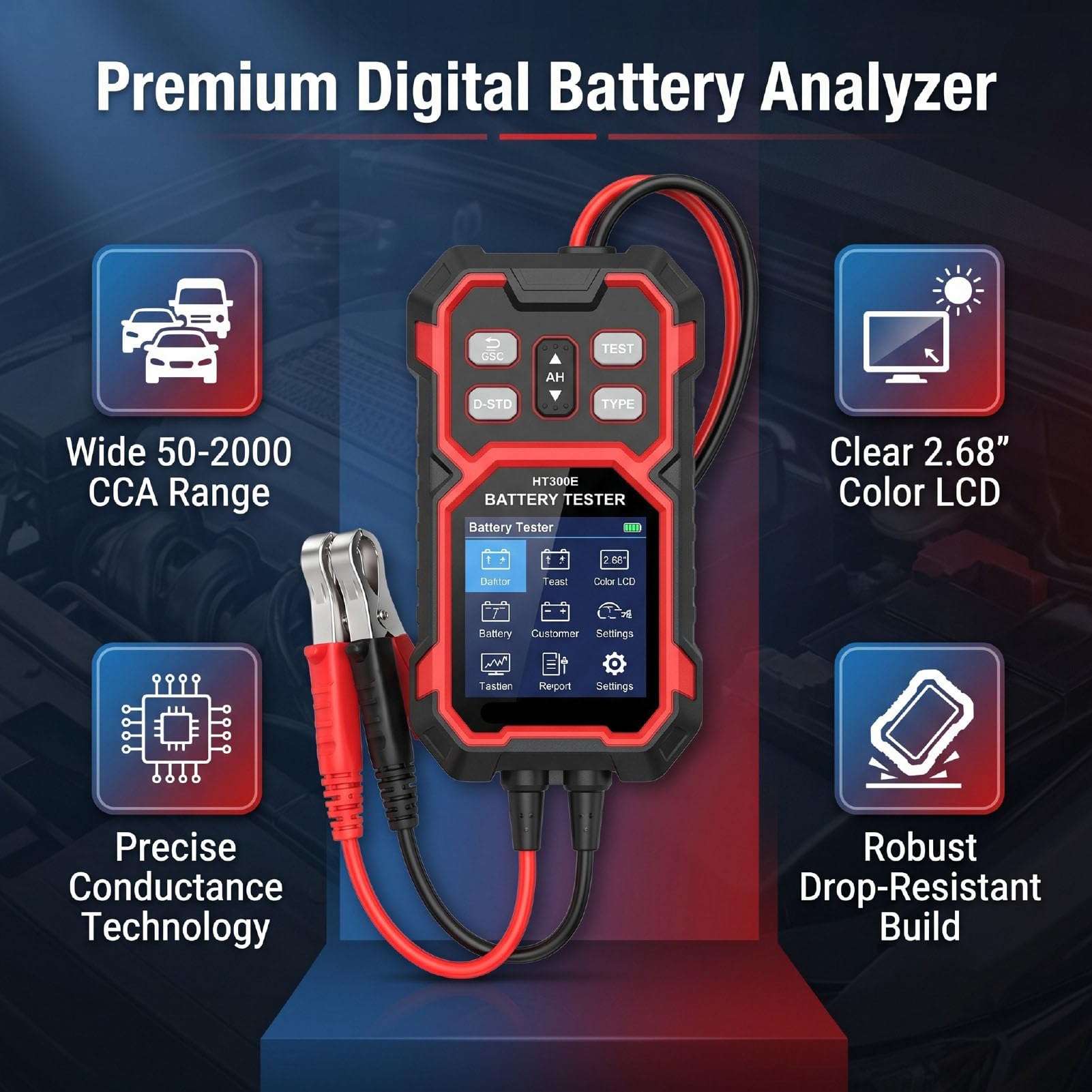 Dioche Testeur de Batterie, Analyseur de Batterie Numérique avec écran Couleur de 2,68 Pouces et Test Kelvin à 4 Fils pour Voitures, Camions, Motos, Bateaux