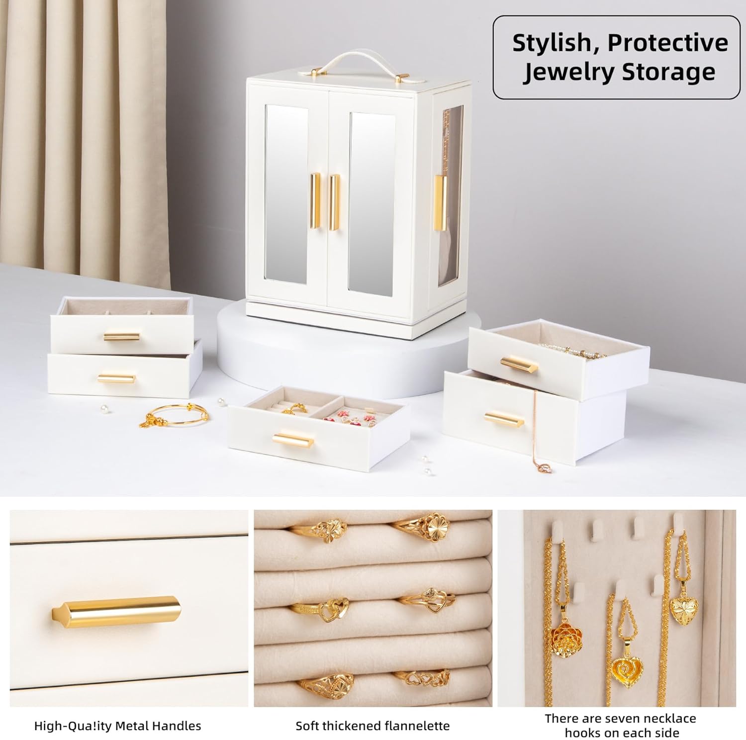White MDF 360° Rotating Jewelry Storage Box with Glass Windows