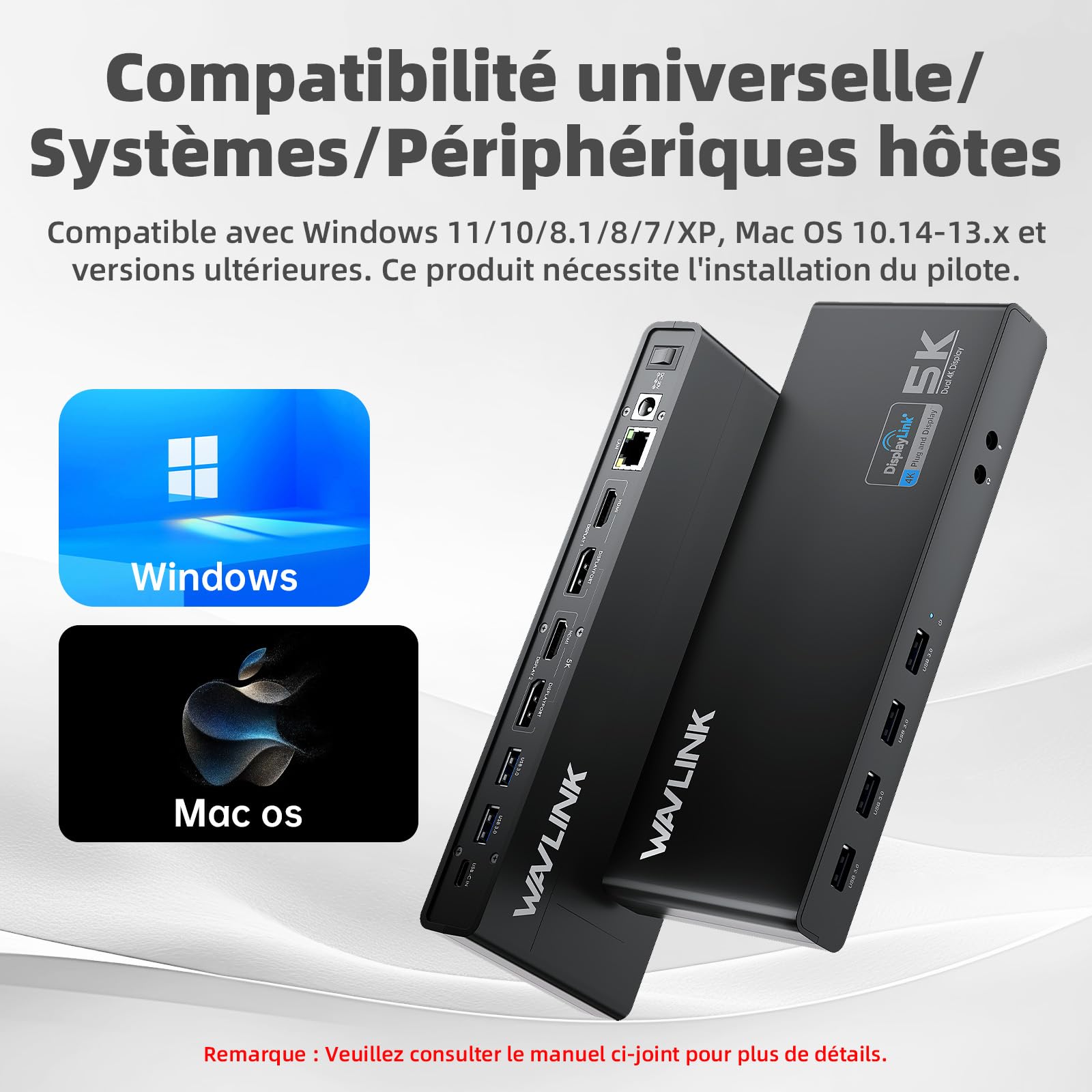 WAVLINK Station d'accueil Displaylink, Station d'accueil Universelle USB C avec 2 × HDMI & DP, Ethernet Gigabit, 6 × USB 3.0, Audio, Microphone, Compatible avec Mac OS et Windows