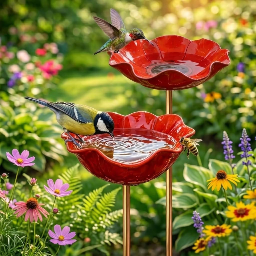 Vogeltränke Blume aus Metall,Handgefertigte Metall Gartenstecker als Vogeltränke & Bienentränke in Blumenform,Winterfest,für Bienen,Schmetterlinge (2 Stück)