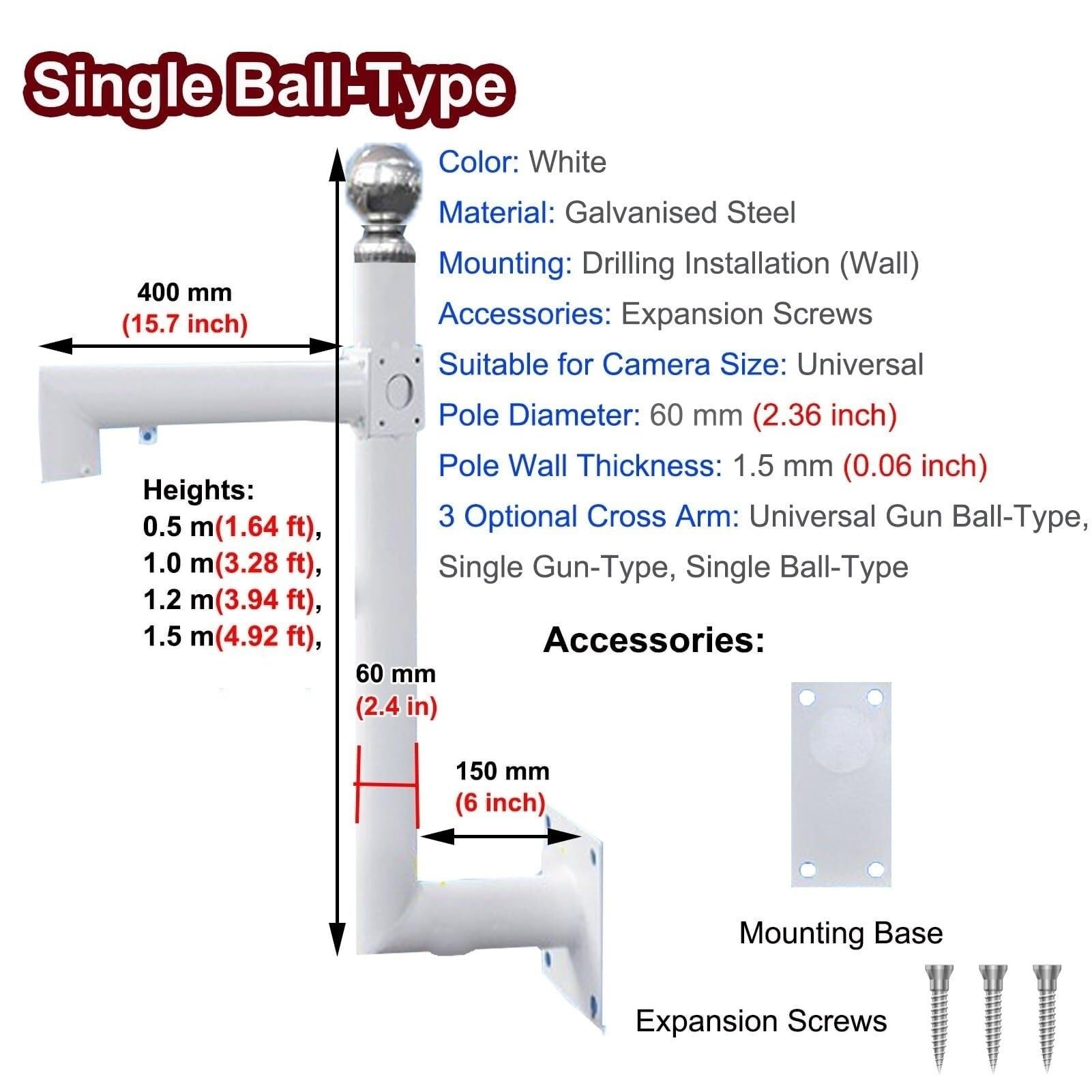 Supporto per telecamera a forma di L - Staffa da parete per esterni | Canale per cavi nascosto, 4 lunghezze opzionali, acciaio antiruggine, hardware di perforazione completo(B,0.5 m(1.64 ft))