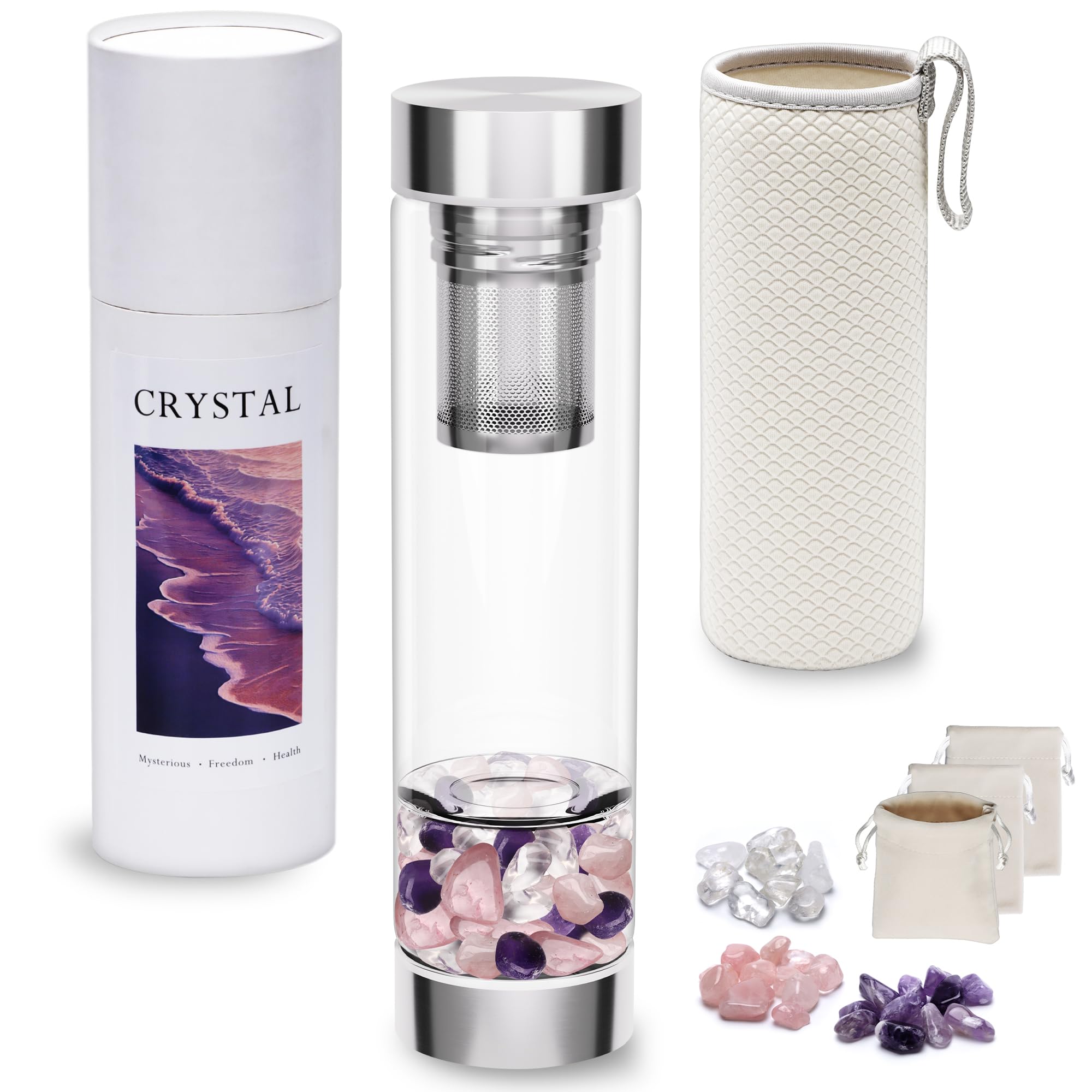 Bouteille d'eau en cristal avec infuseur à thé en cristal et cristaux de quartz rose amovibles, pierres précieuses réutilisables, 500 ml