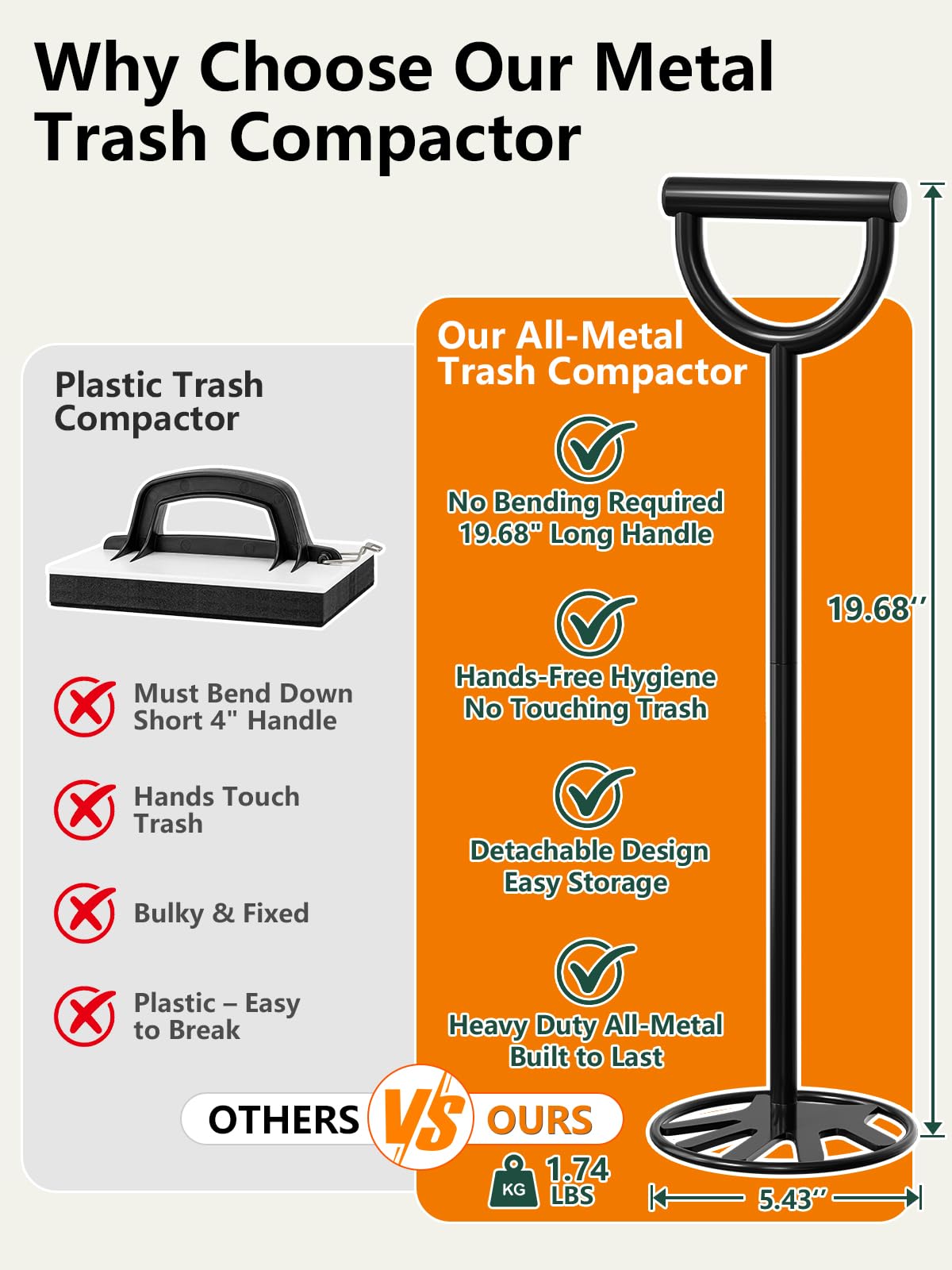 Trash Compactor for Kitchen All-Metal Manual Trash Can with No Electric Garbage Compressor, Freestanding Tamper Press Tool with Touchless Smasher Waste Compactor for Home and Outdoor Bin - 4