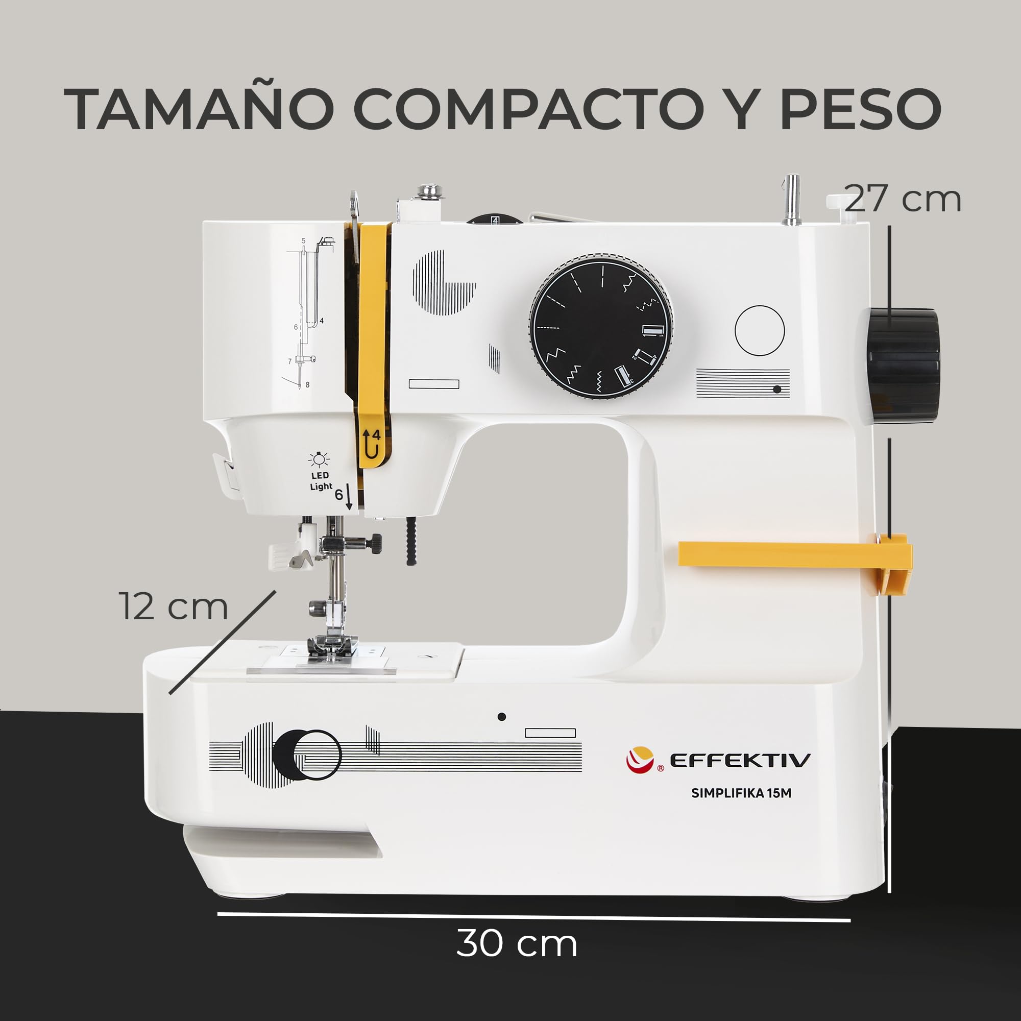 Máquina de Coser Mini Compacta EFFEKTIV 15 Puntadas, 27 × 30 cm, Estructura Metálica, Lanzadera Horizontal, Enhebrador Automático, Para Todo Tipo de Telas, Mesa Extensible