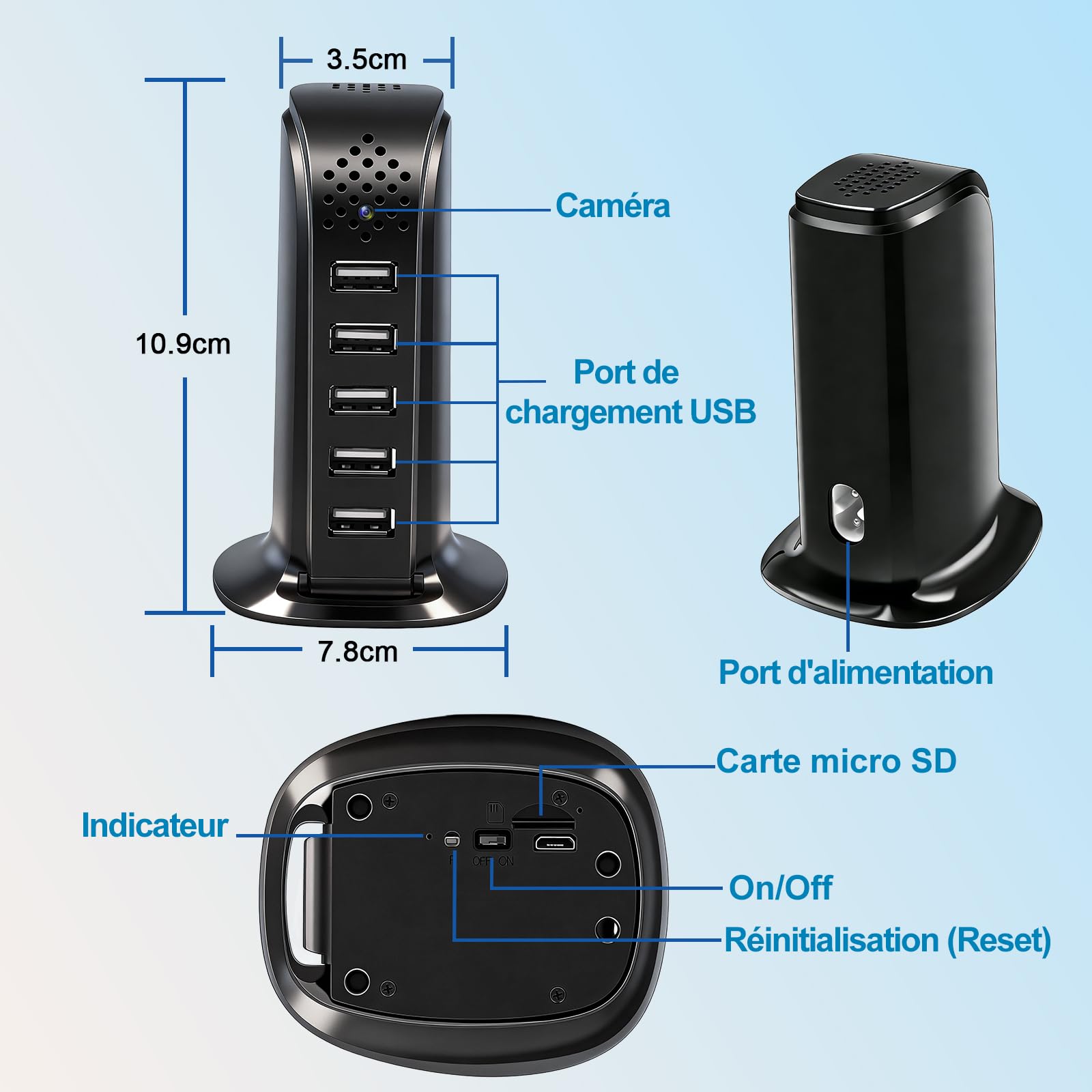 TANGMI Camera Espion, Hub de Charge 5-en-1 Mini Camera Espion sans Fil, WiFi 2.4G & 5Ghz 1080P HD avec Détection de Mouvement et Alertes Instantanées pour la Maison et Le Bureau