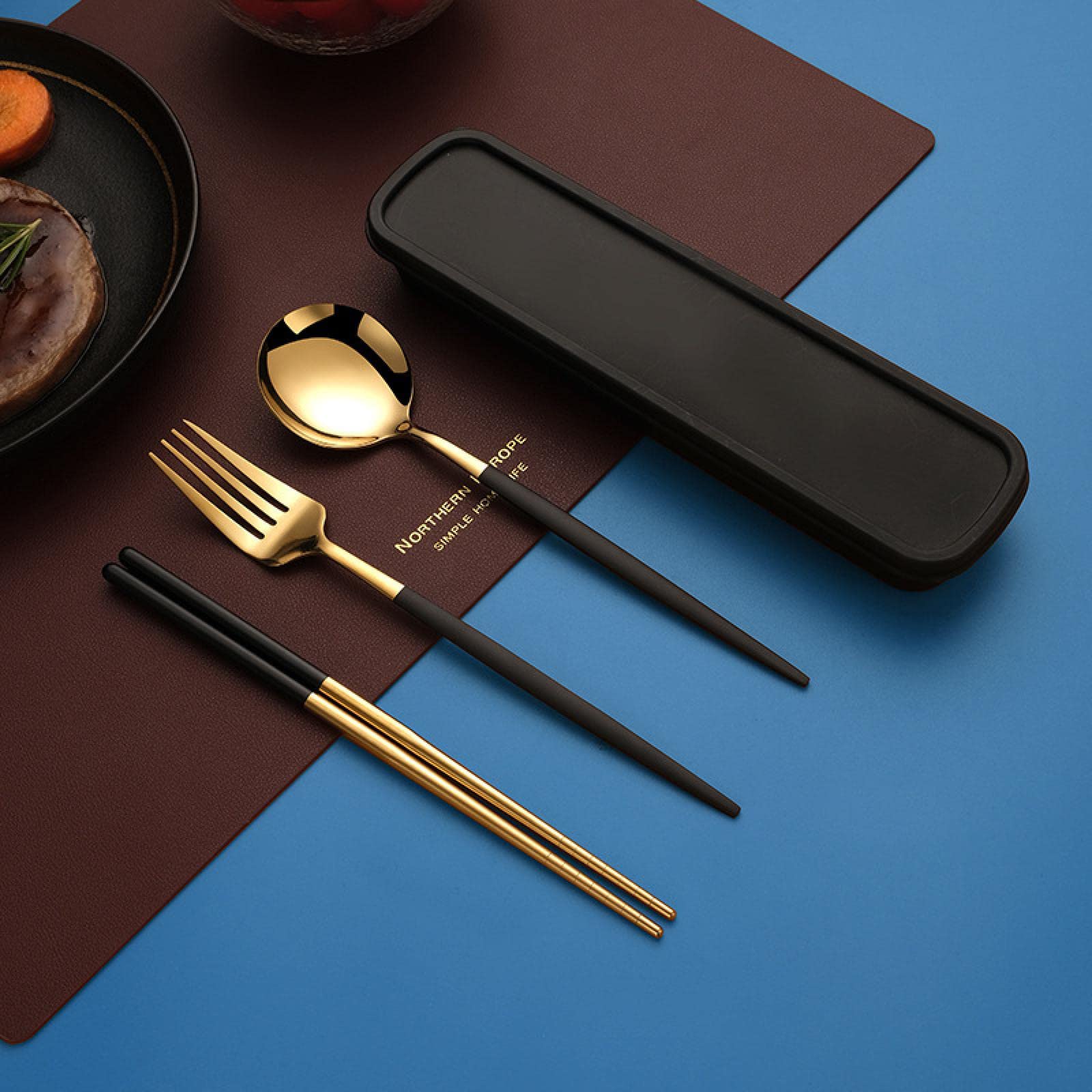 WENZI9DU Stainless Steel Portable Tableware Golden and Black Three-Piece Set