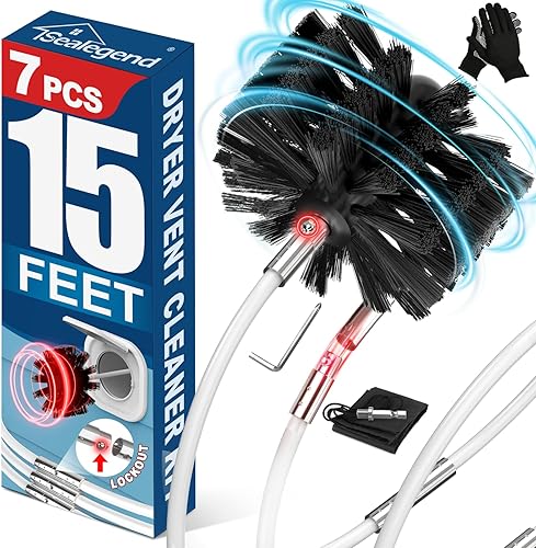 Sealegend Kit limpiador de ventilación de secadora de 15 pies, removedor de pelusas, cepillo flexible mejorado de rápida rápida con accesorio de