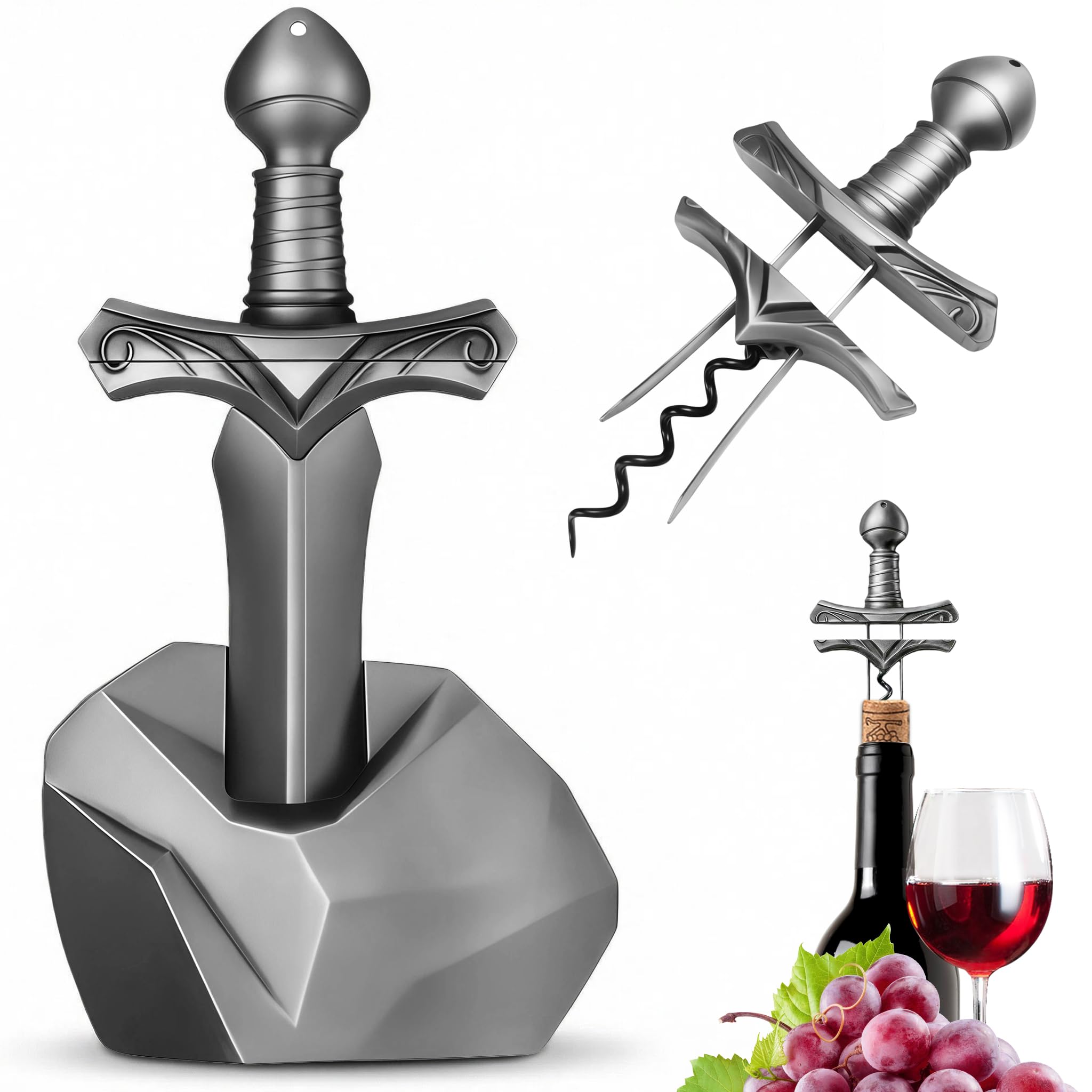 Ah So Wine Opener, Excalibur Sword Wine Corkscrew with Display Base, Premium Zinc Alloy Vintage Bronze Corkscrew for Fragile Corks, Unique Wine Gifts for Man, Collectors & Luxury Bar Decor (Silver)