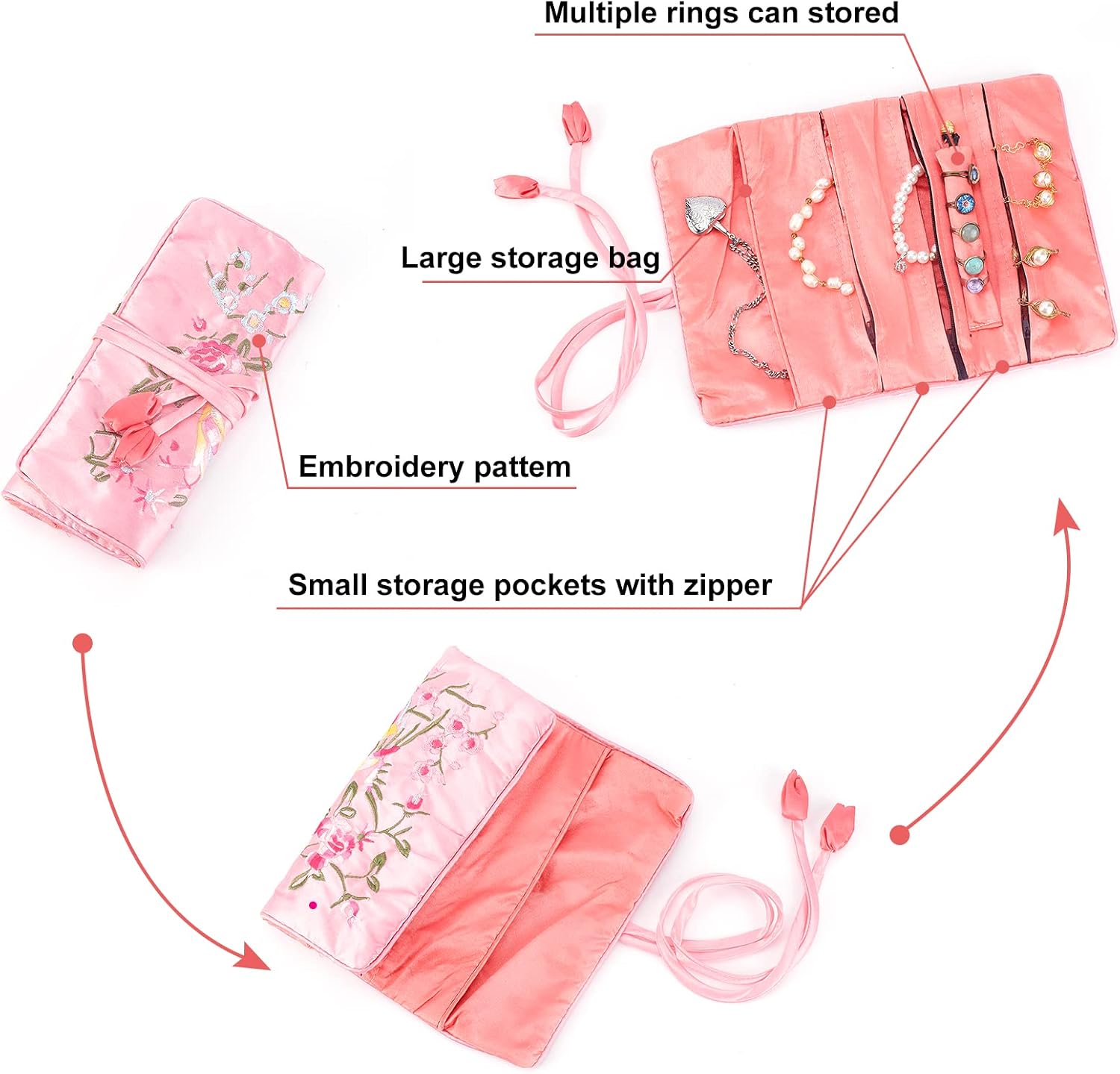 PH PandaHall 2pcs Flower Brocade Bag Embroidery Jewelry Bag Foldable Travel Bag Floral Silk Bag Storage Case with Tie Jewelry Organizer Roll for Rings Necklaces Earrings Bracelets Jewelry Traveling