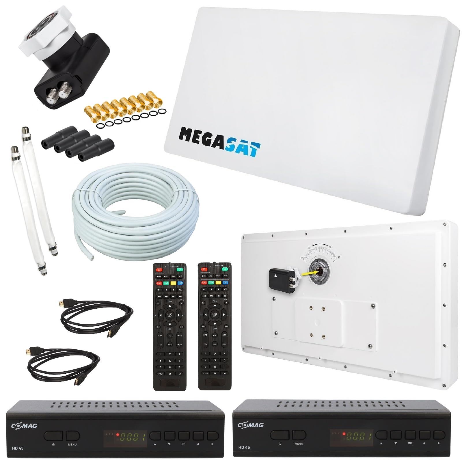 Megasat Flachantenne Profi Line H30 D2 Twin inkl. Fensterhalterung + 20m Kabel + 2X Fensterdurchführung inkl 2 HD Sat Receiver - HD u SD TV - Neueste Generation netshop 25 Set