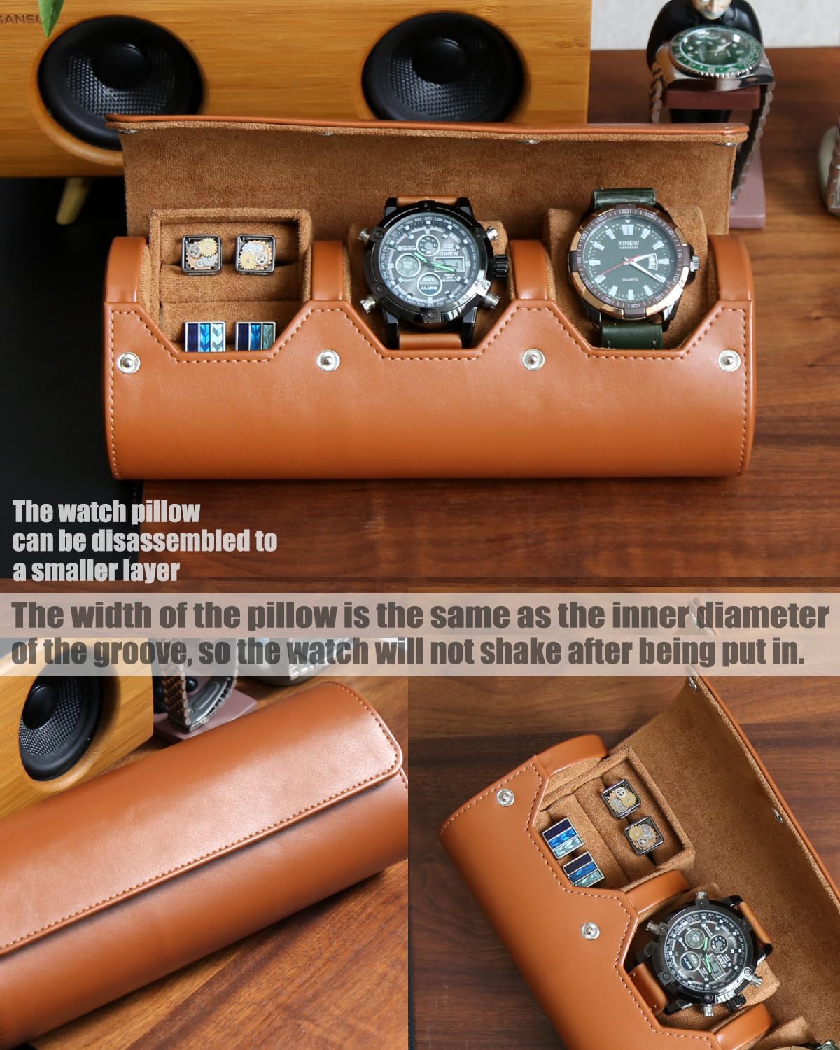 Custodia organizer per orologi e gemelli, da uomo, con rotolo, portatile, con 2 scomparti per orologi e gemelli, con velluto per riporre orologi grandi, custodia da viaggio per gemelli