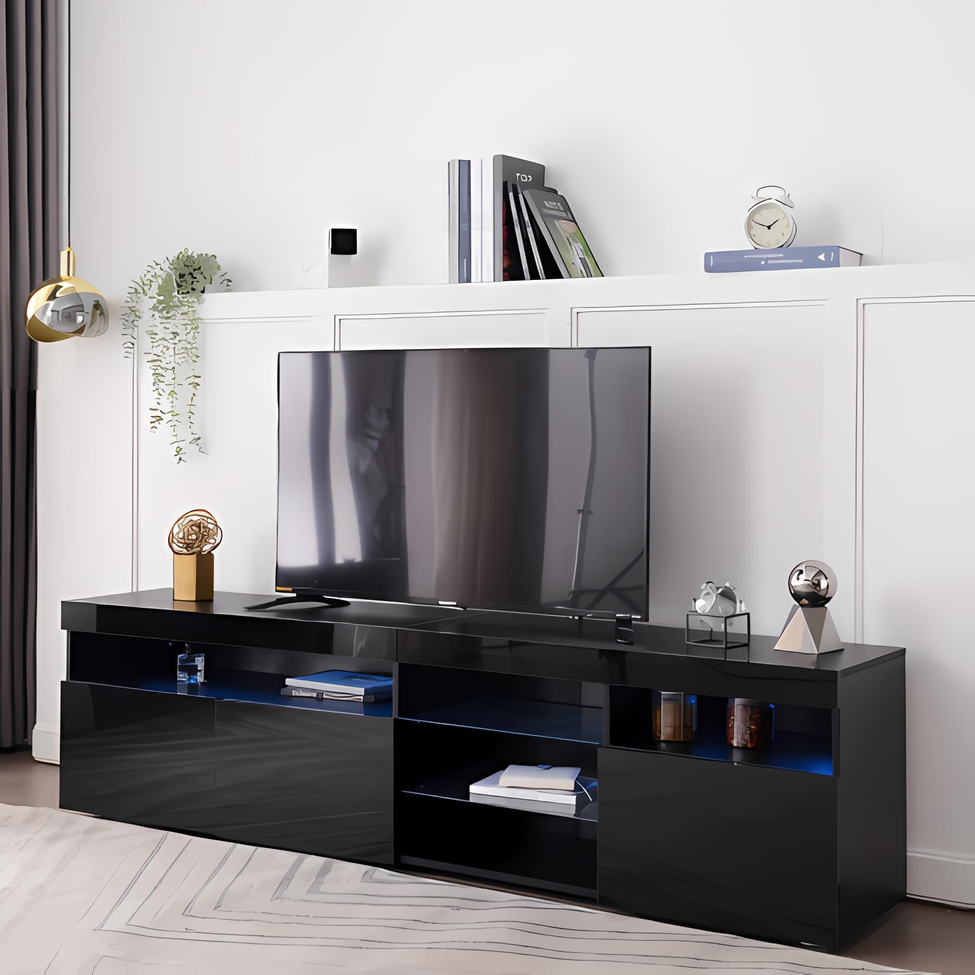 TV Schrank TV Stand Sideboard mit Hochglanzfront und Glasdetails grosser Stauraum mit DREI Tueren geeignet Fuer Wohnzimmer und Essbereich Moderne Aufbewahrung Fuer Verschiedene -180cm,Weiß