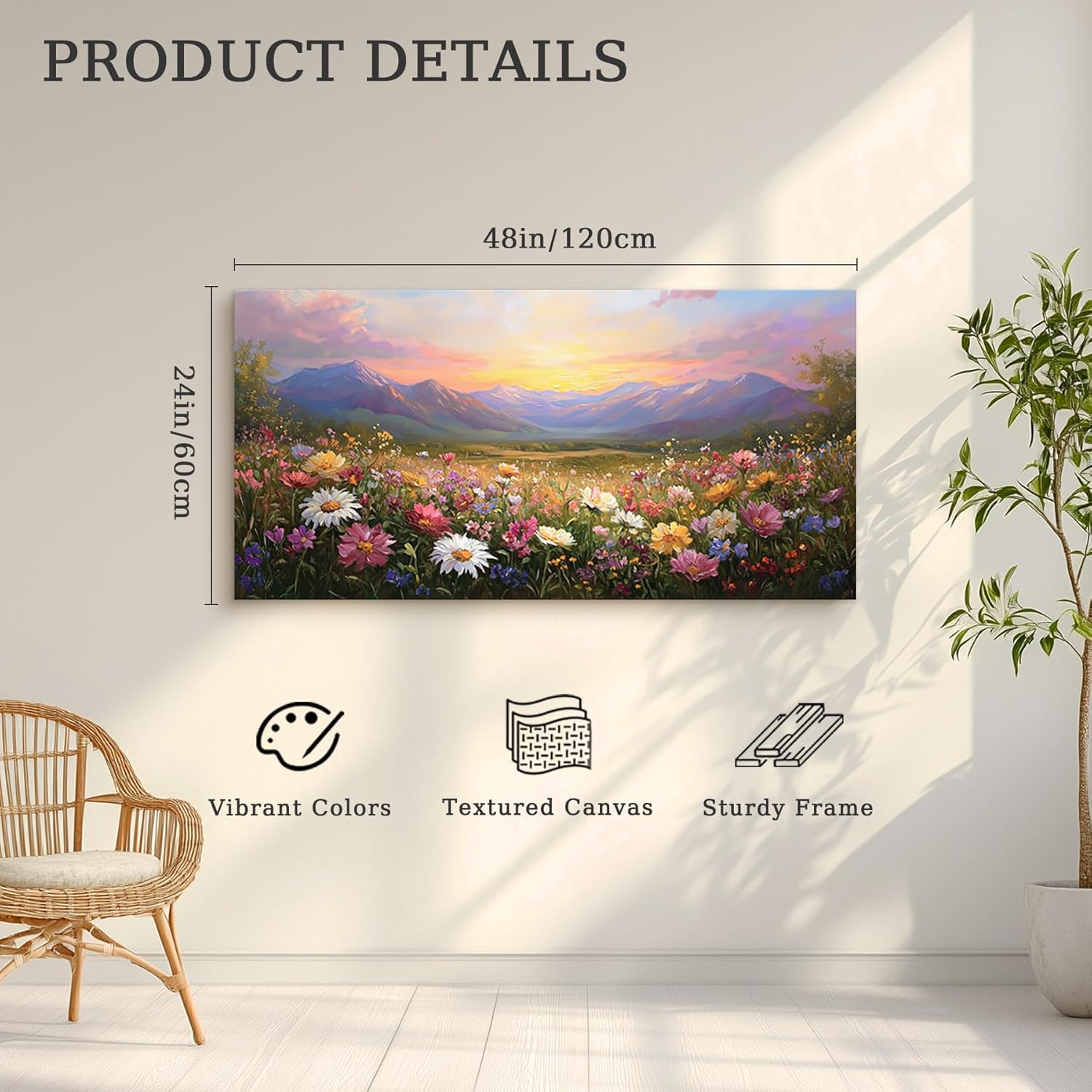 crmotu Landscape Wall Art, Mountain Wall Art, Floral Wall Decor, Daisy Flower Field Canvas Artwork, Rustic Bright Big Paintings for Living Room Bedroom Entryway Home Office Prints 24x48inch - Image 6