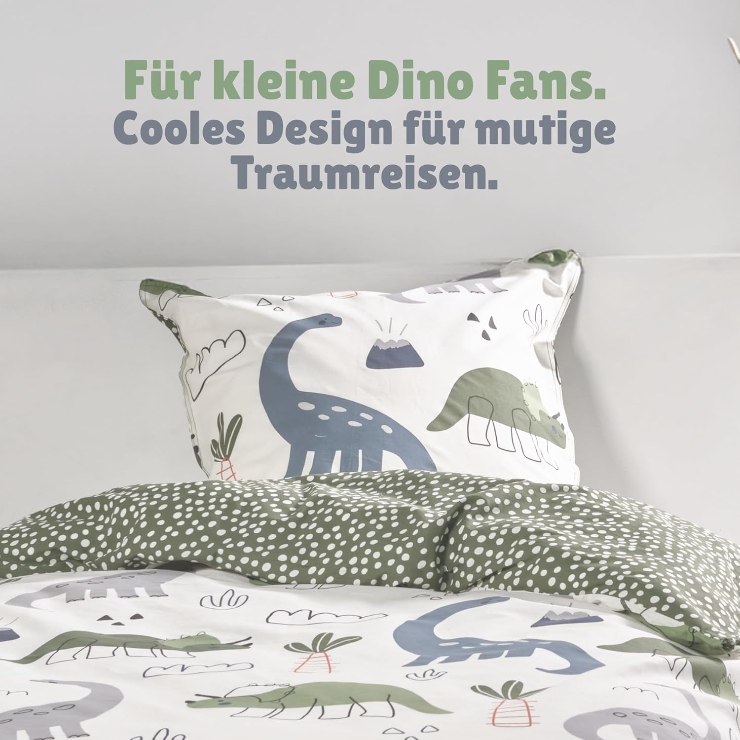 Familando Dino Bettwäsche Set 2-teilig 135x200 80x80 cm – Kinderbettwäsche Dinosaurier Triceratops Brachiosaurus Grün - 100% Baumwolle mit Wendemotiv – Atmungsaktiv & hautfreundlich - Öko-TEX