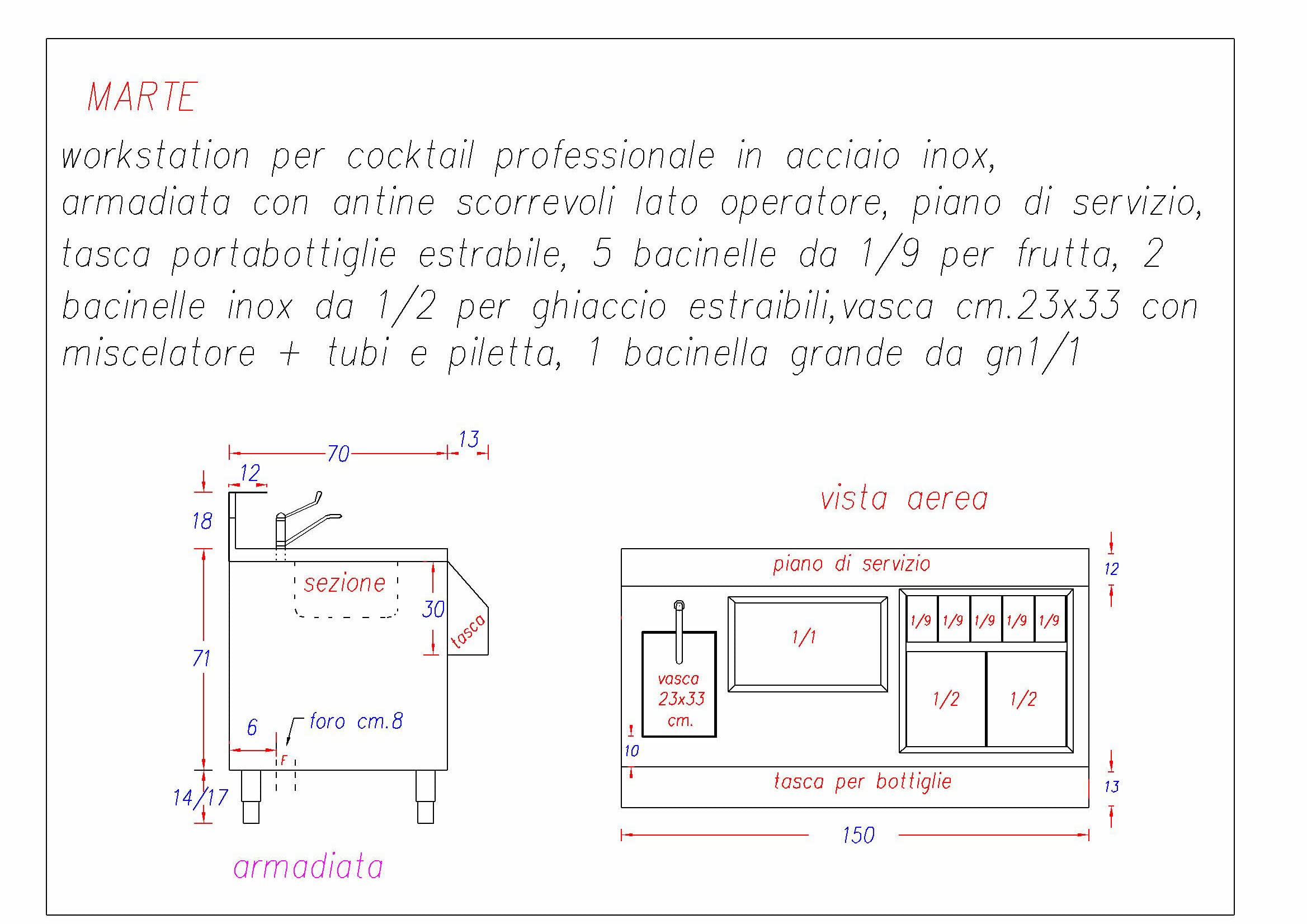 Banco per Cocktail €. 2.034+iva, Cocktail Station in acciaio inox di cm. 150xp70xh107, Con struttura armadiata e antine scorrevoli lato operatore, piano di lavoro attrezzato come da foto