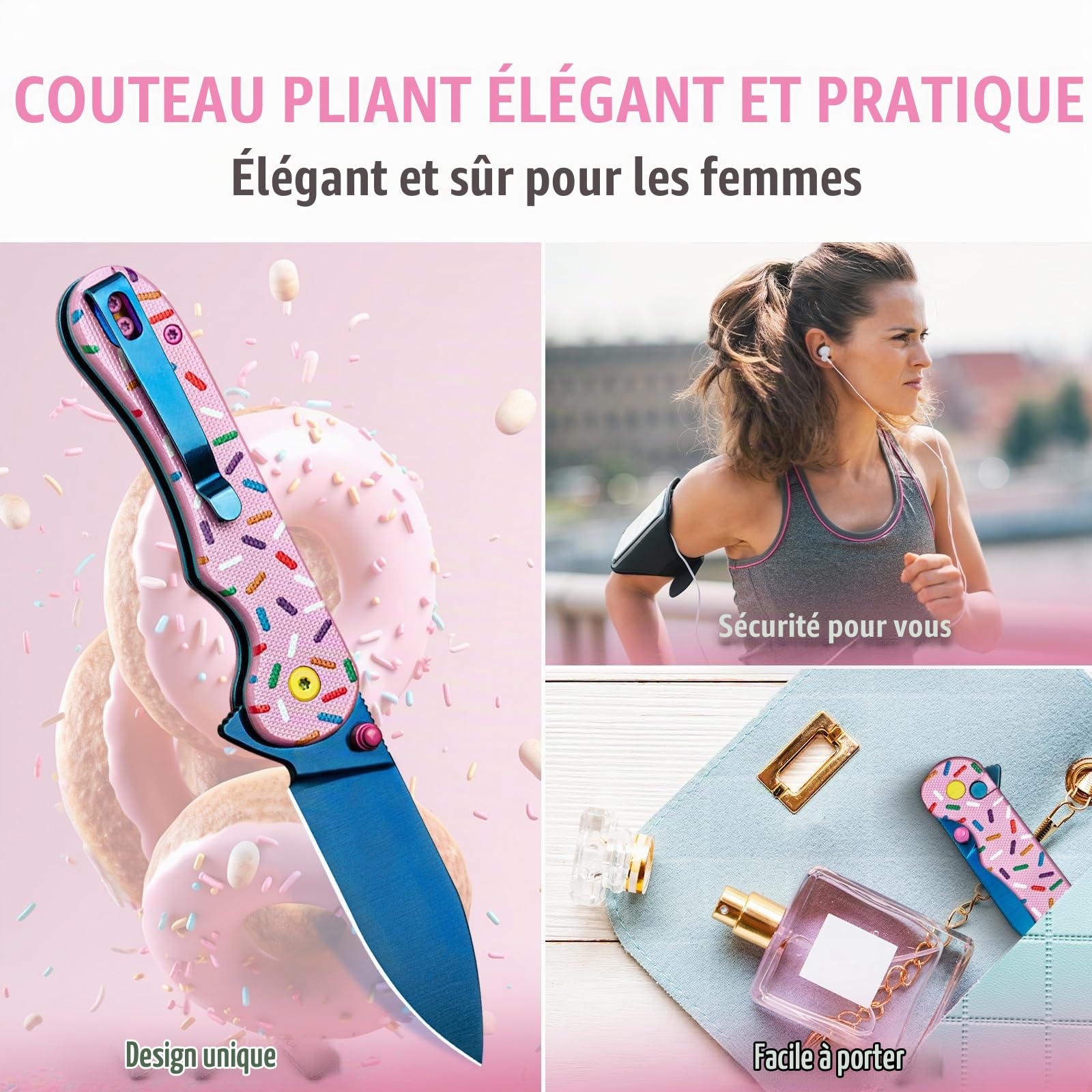 NedFoss DONUT couteau pliant, 14C28N acier couteau survie, Longueur lame 7.5 cm, revêtement titane bleu, manche g10 avec clip ceinture, mini couteau de poche