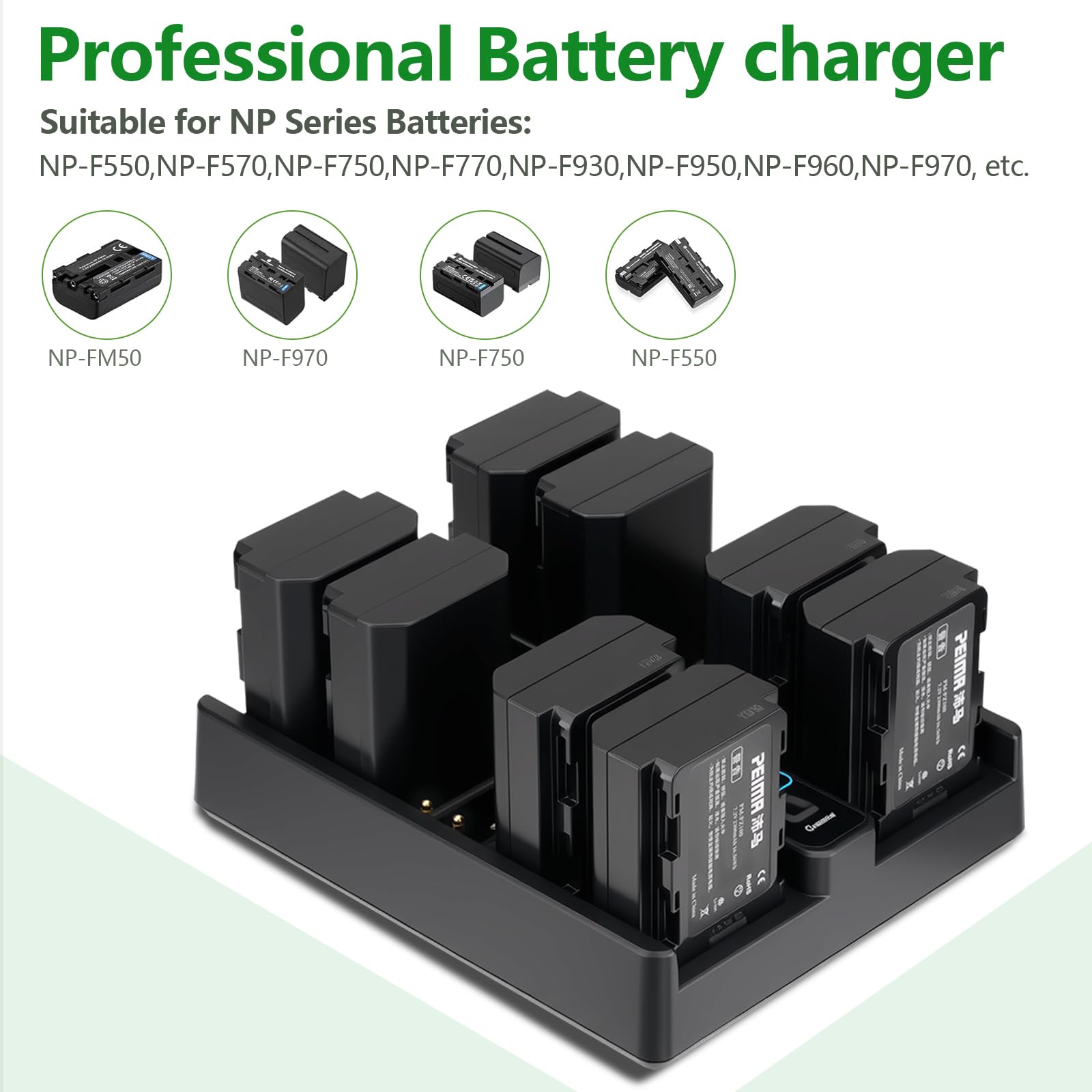 Peima C4B-8H Kameraakku-PD-Schnellladegerät – 4-Fach NP-F PD & 8-Fach FZ100 Multi-Akku-Ladestation – Schneller USB-C PD-Eingang, intelligente LED-Statusanzeige, kompaktes Design