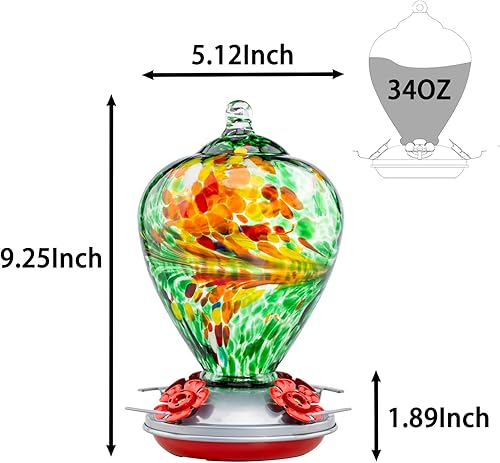 Miniatura 6 de Muse Garden - Comedero para colibríes para exteriores, vidrio soplado a mano, 34 onzas, foso de hormigas incluido, Peacock