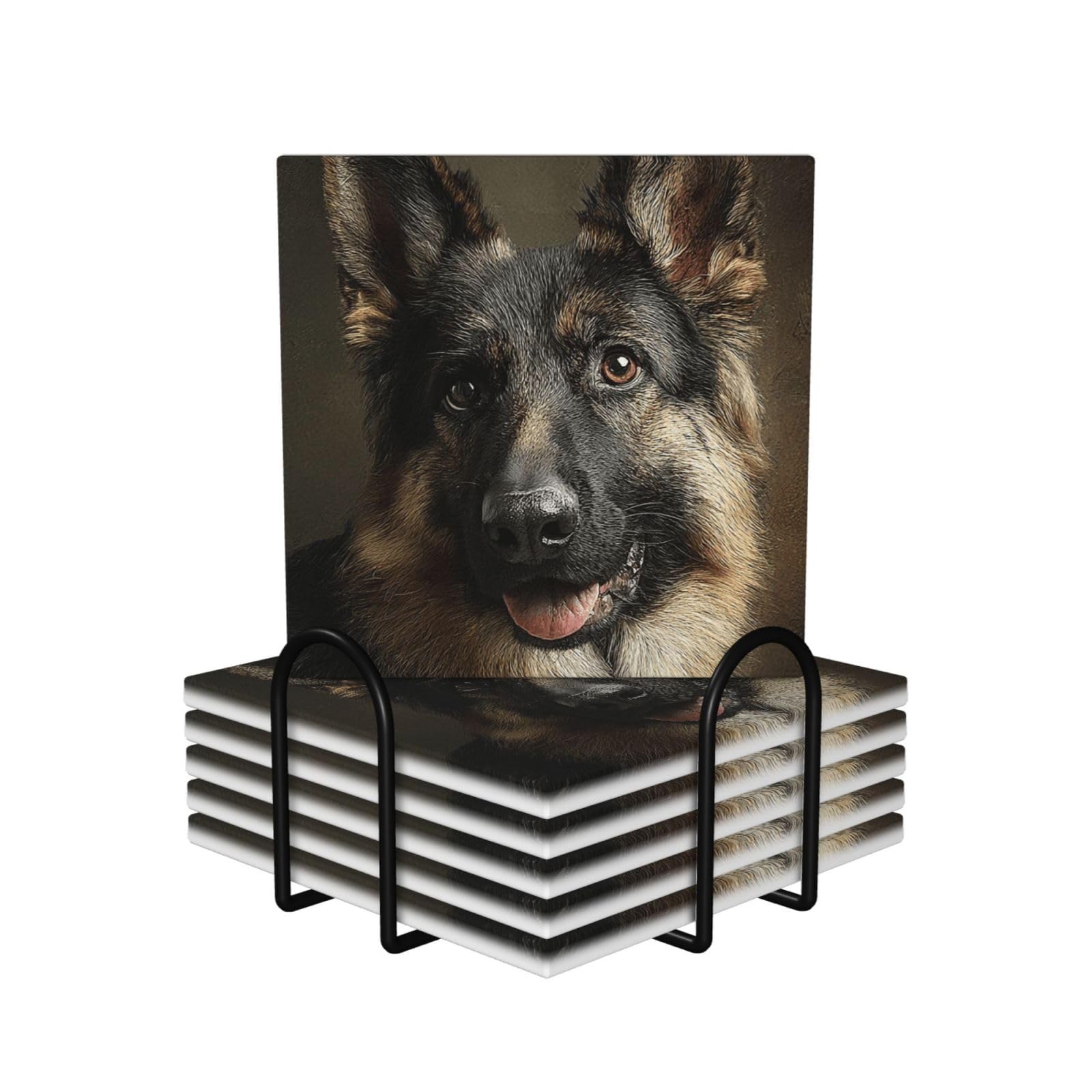 Drink Coasters Set of 6 Non-Slip Ceramic Coasters with Holder German Shepherd Dog Lovers Coasters for Drinks Tabletop Protection Cups Mugs Mat Pads for Coffee Table Bar Home Decor