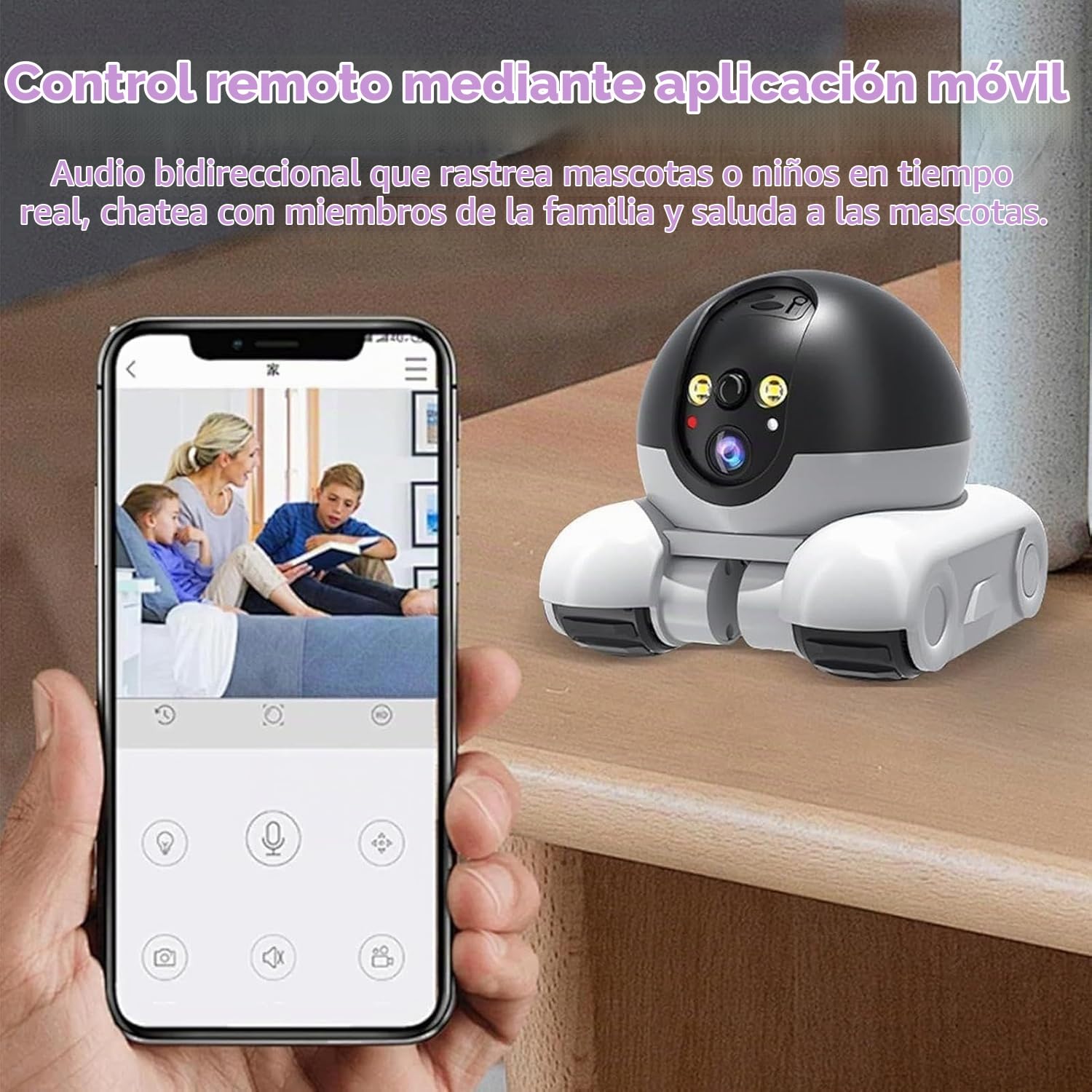 Robot de Cámara de Mascotas, Cámara de Seguridad Robot Wi-Fi Camera con Ruedas 1080P Doble Lens Control Remoto en Hogar Trabajo Mascotas, 64G Tarjeta Incluido